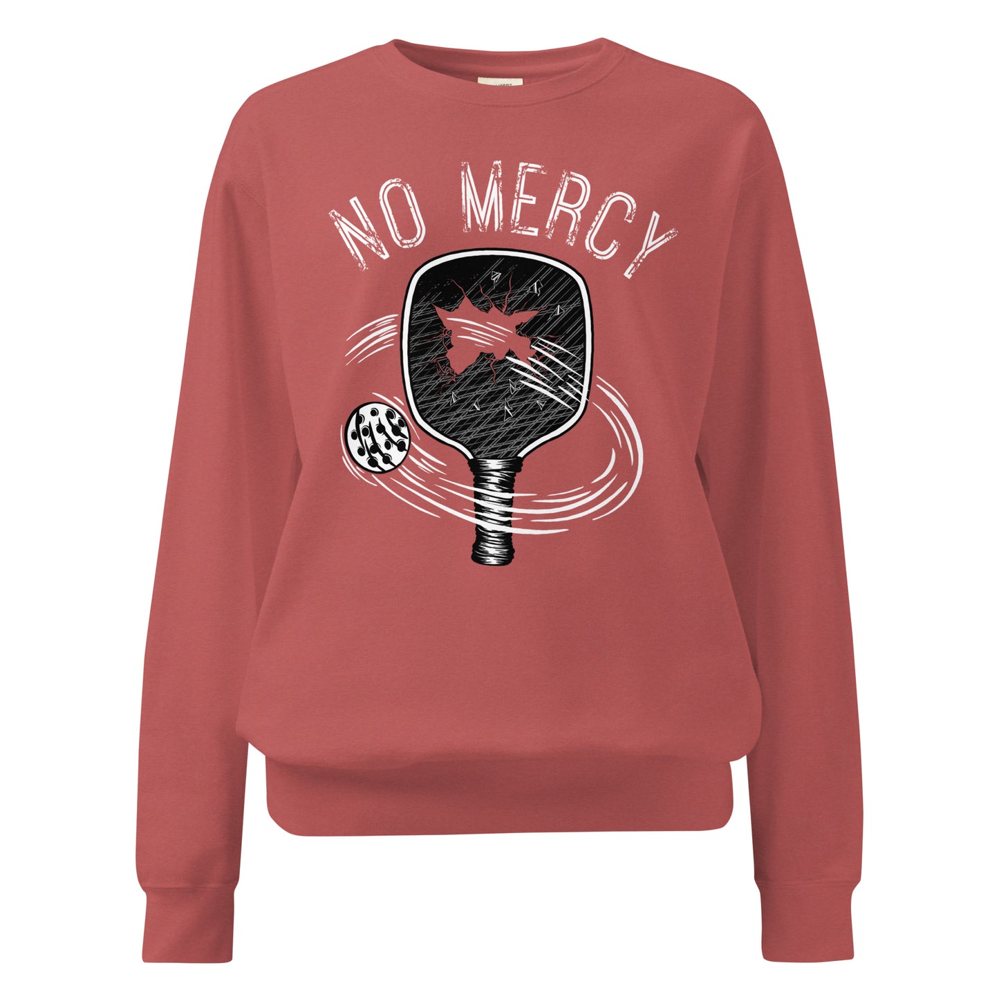 Pickleball No Mercy Series unisex garment-dyed sweatshirt in vintage-washed color with graphic design.