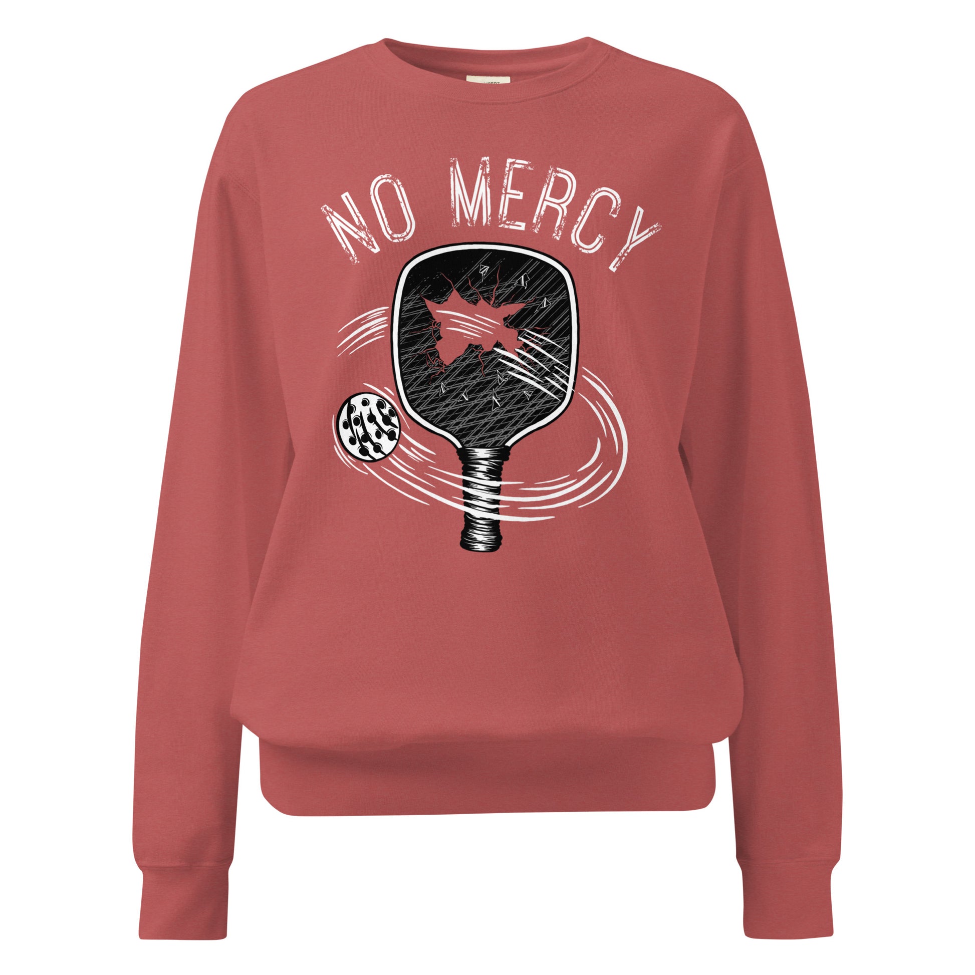 Pickleball No Mercy Series unisex garment-dyed sweatshirt in vintage-washed color with graphic design.