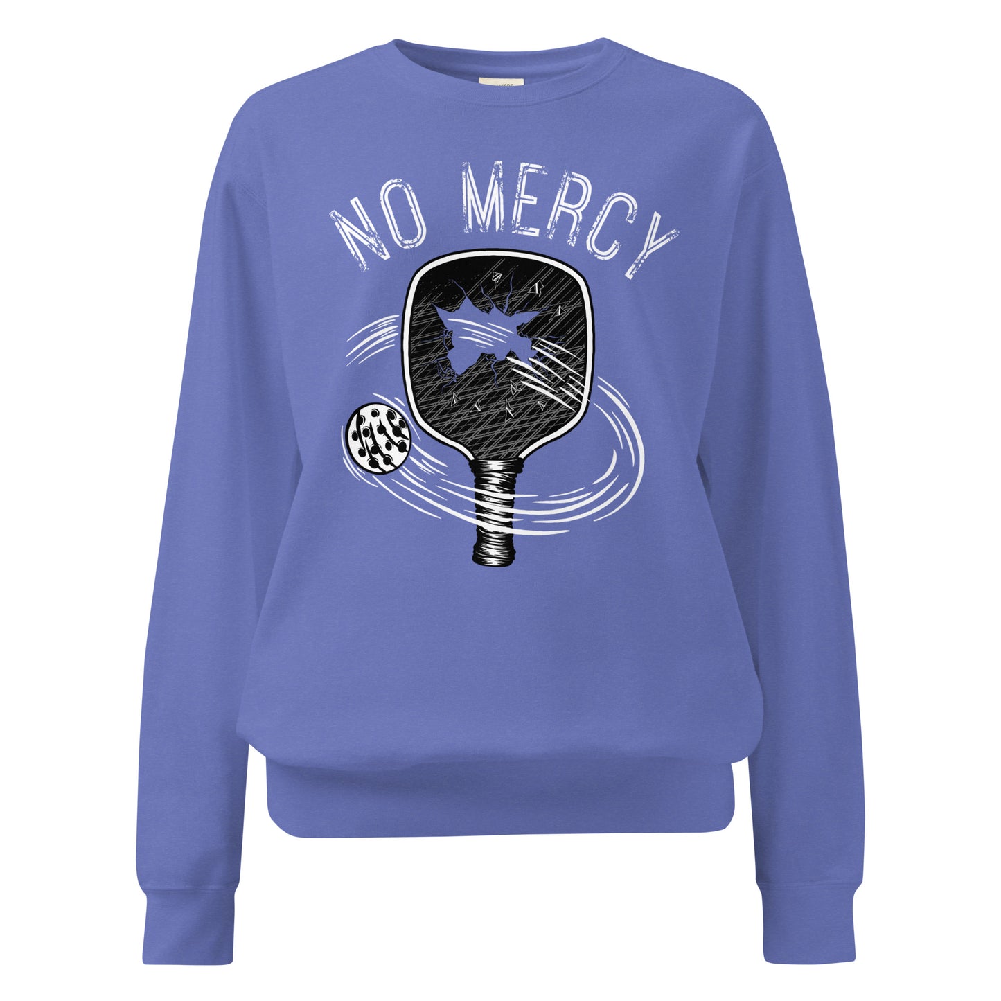 Pickleball No Mercy Series unisex garment-dyed sweatshirt in blue with paddle graphic.