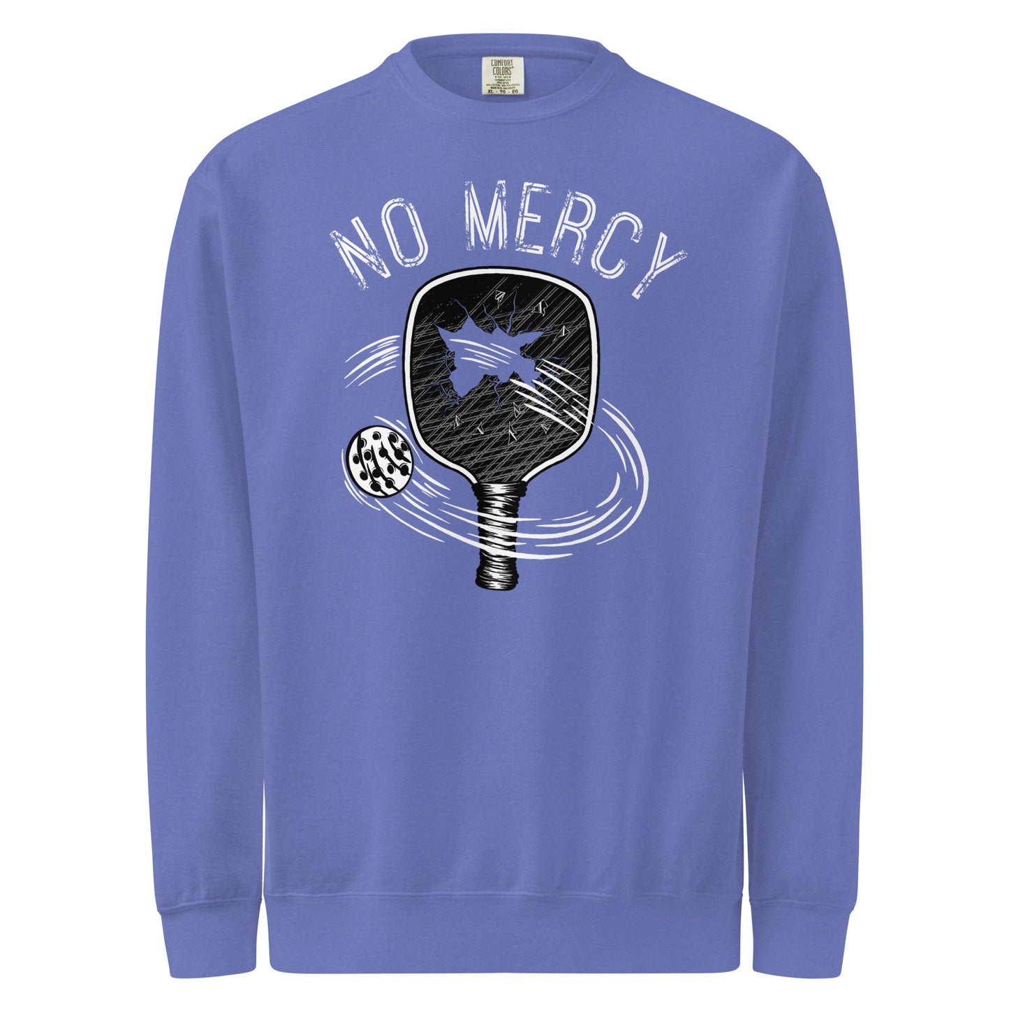 Pickleball No Mercy Series unisex sweatshirt in blue with paddle graphic, perfect for chilly days and casual wear.