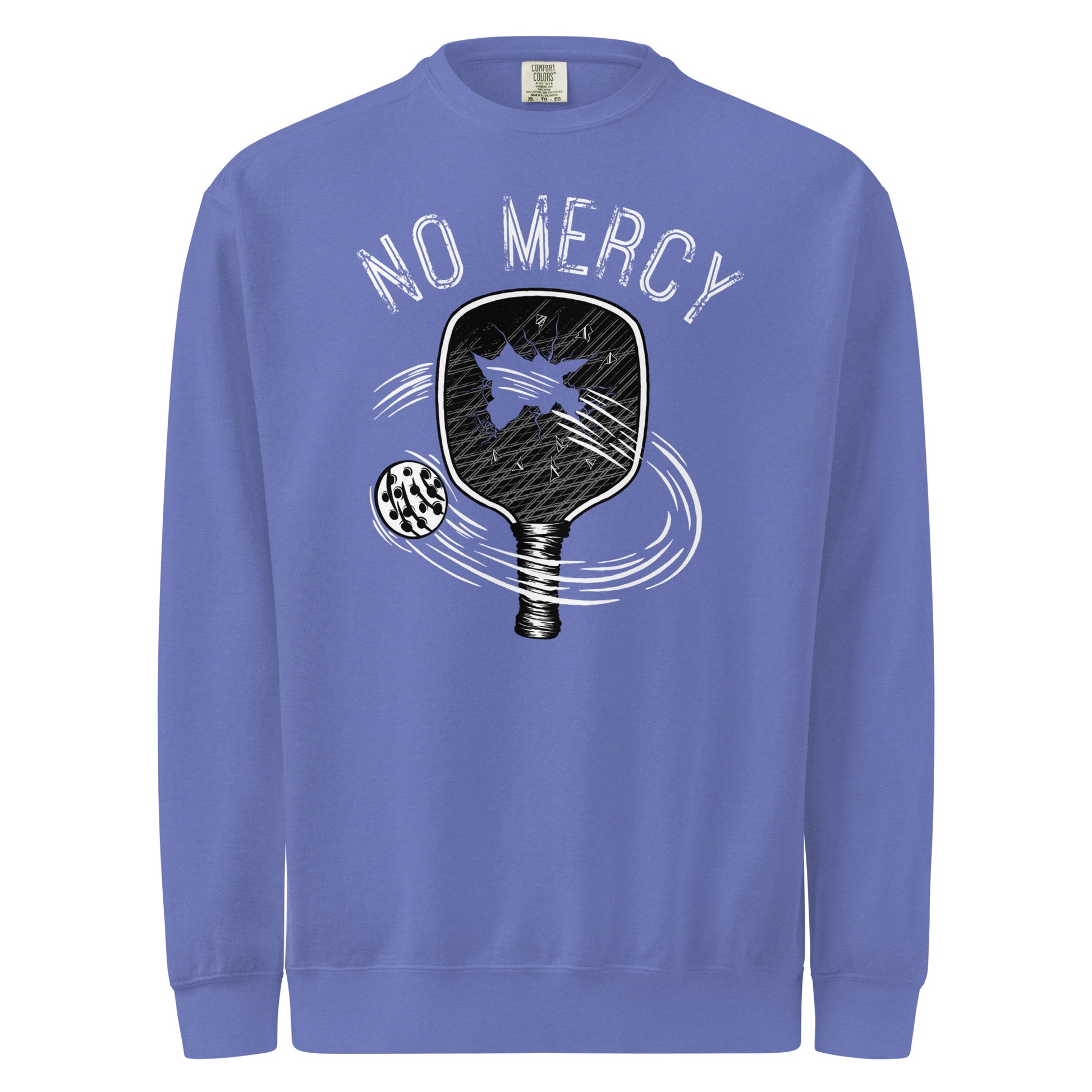 Pickleball No Mercy Series unisex sweatshirt in blue with paddle graphic, perfect for chilly days and casual wear.