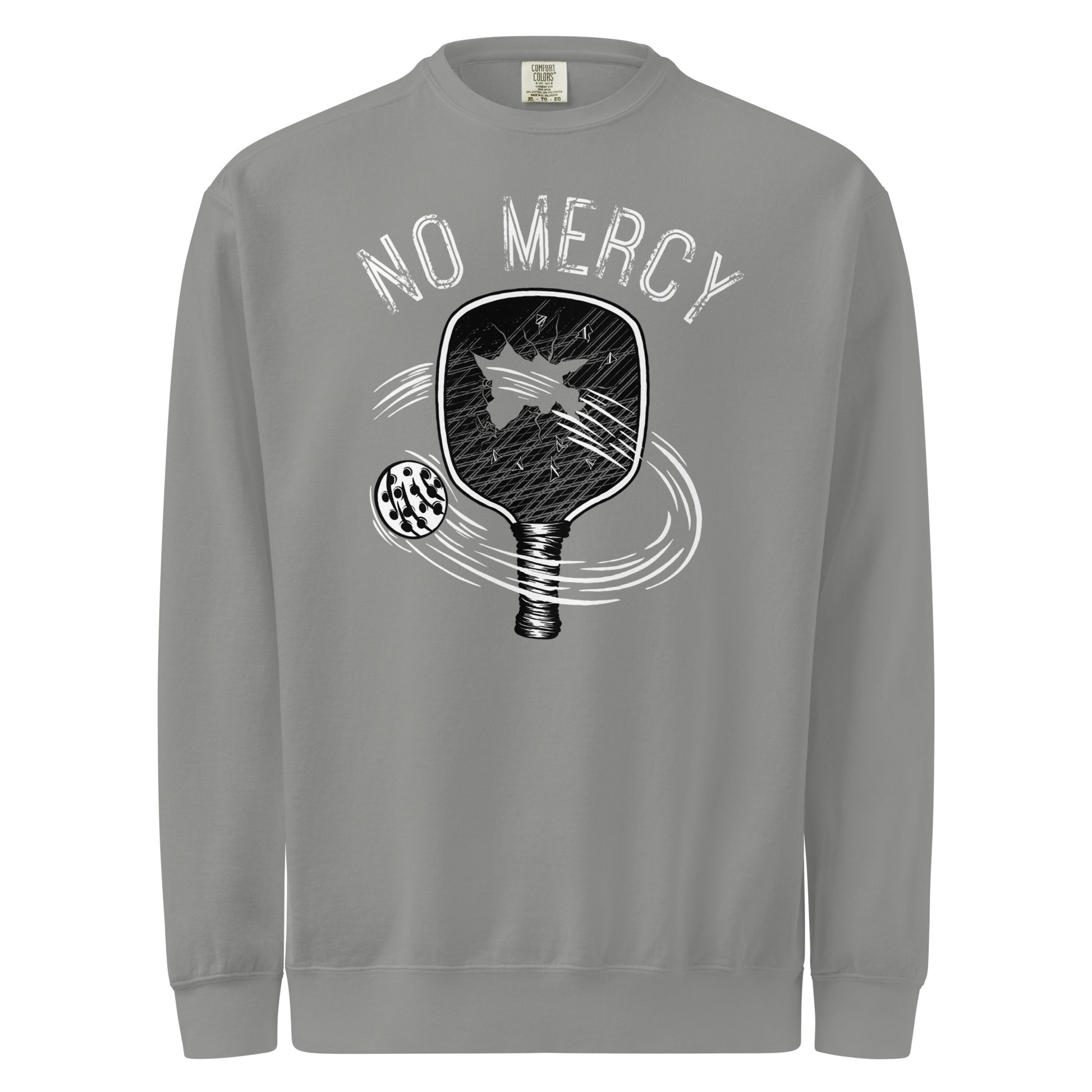 Pickleball No Mercy Series unisex sweatshirt in gray featuring a paddle and ball graphic.