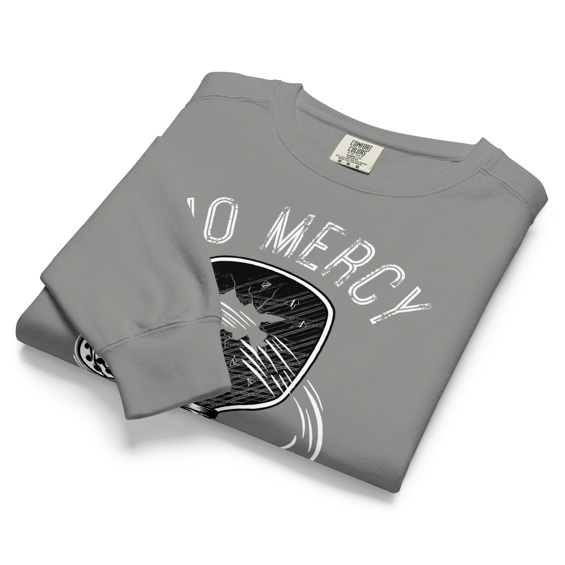 Pickleball No Mercy Series unisex garment-dyed sweatshirt folded with unique design.