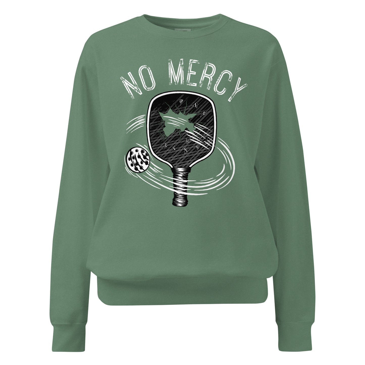 Pickleball No Mercy Series unisex garment-dyed sweatshirt in green with paddle and ball graphic