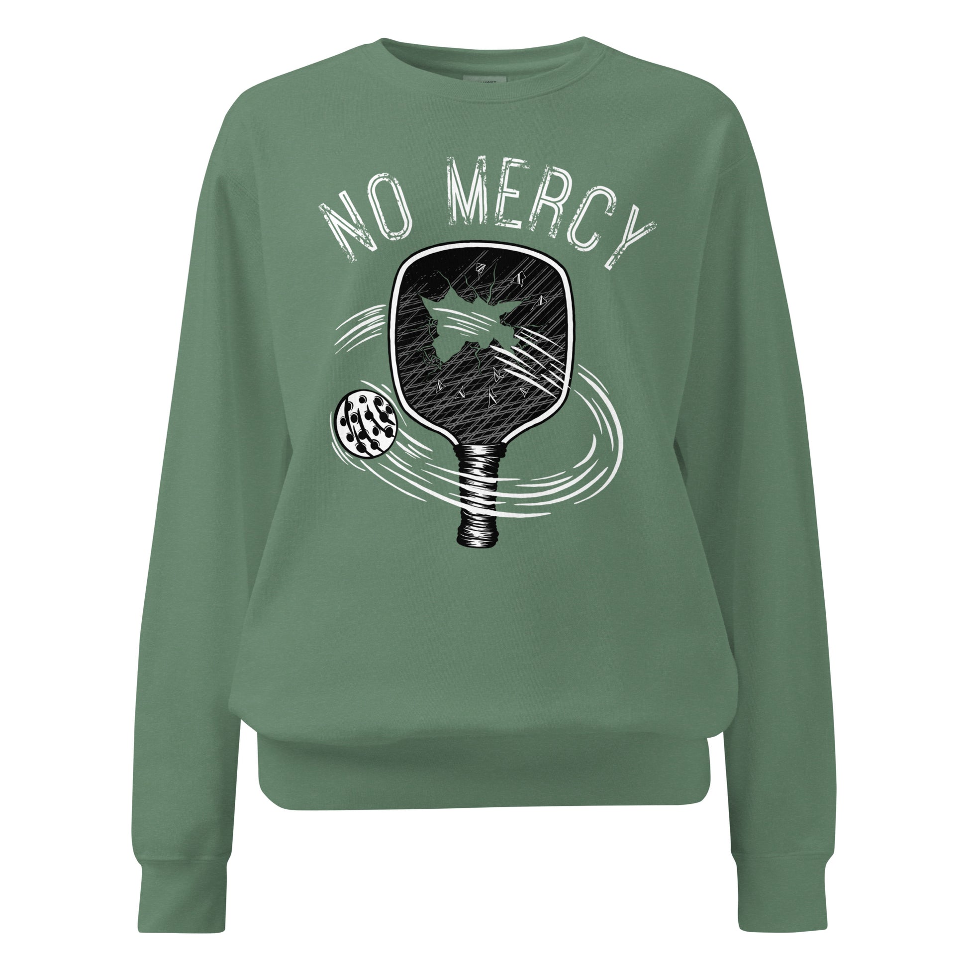 Pickleball No Mercy Series unisex garment-dyed sweatshirt in green with paddle and ball graphic