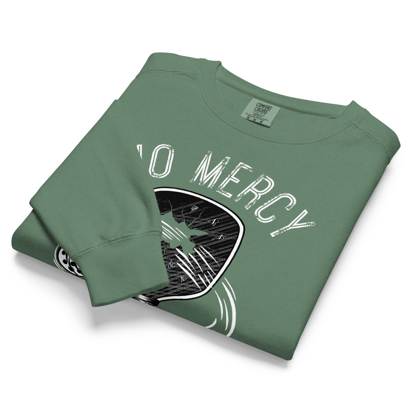 Pickleball No Mercy Series unisex sweatshirt in vintage-washed green, perfect for chilly days and court outings.