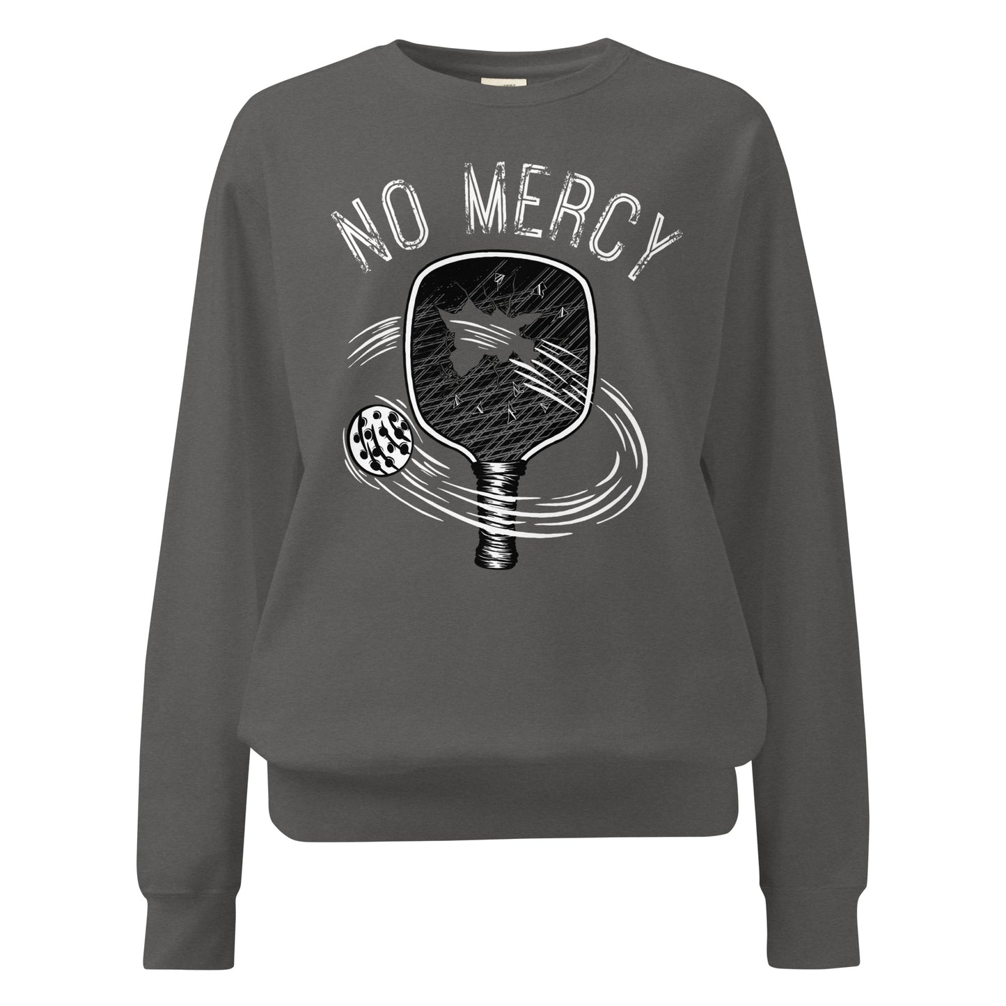 Pickleball No Mercy Series unisex sweatshirt in vintage gray, featuring paddle and ball graphic design.