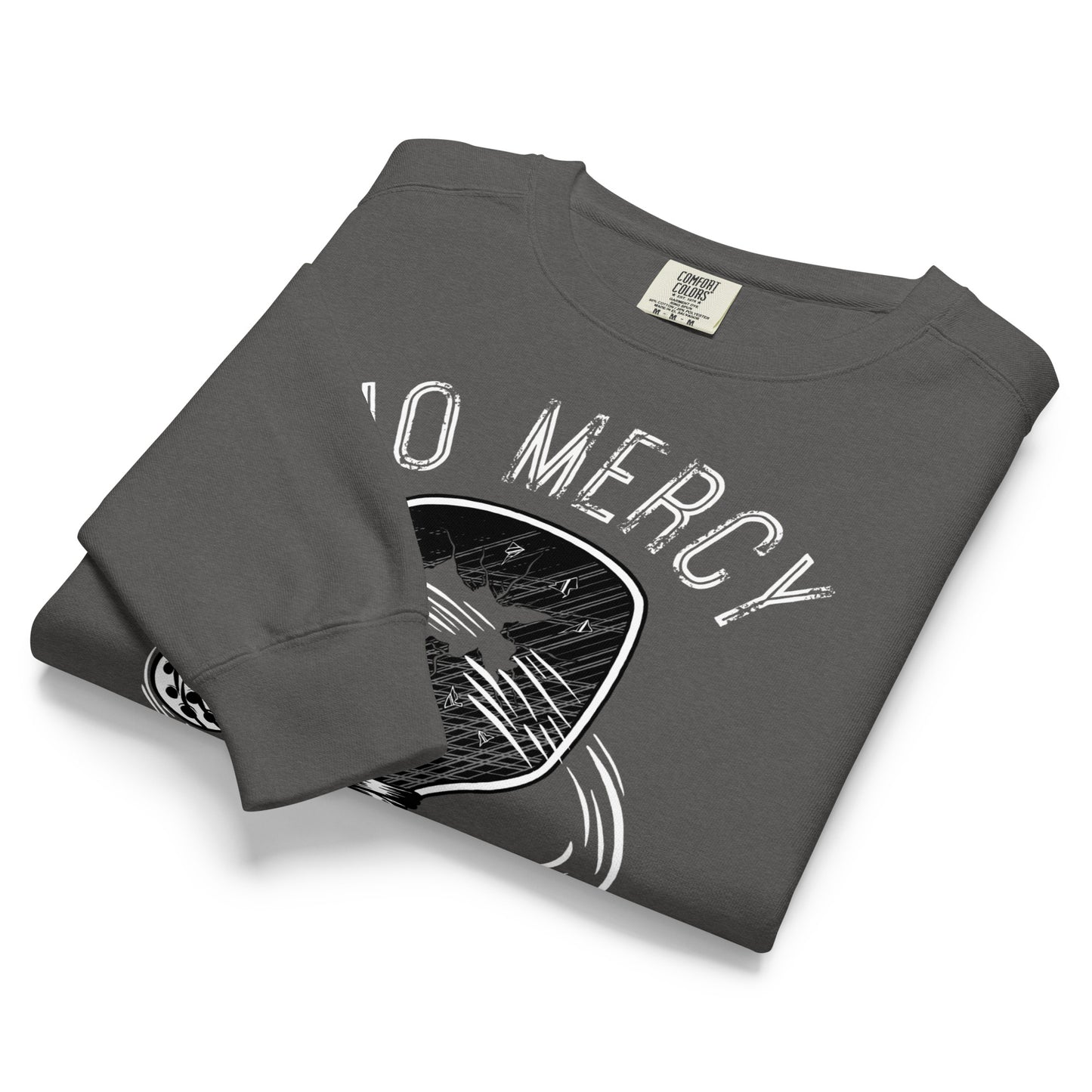 Pickleball No Mercy Series unisex garment-dyed sweatshirt in grey with graphic design.