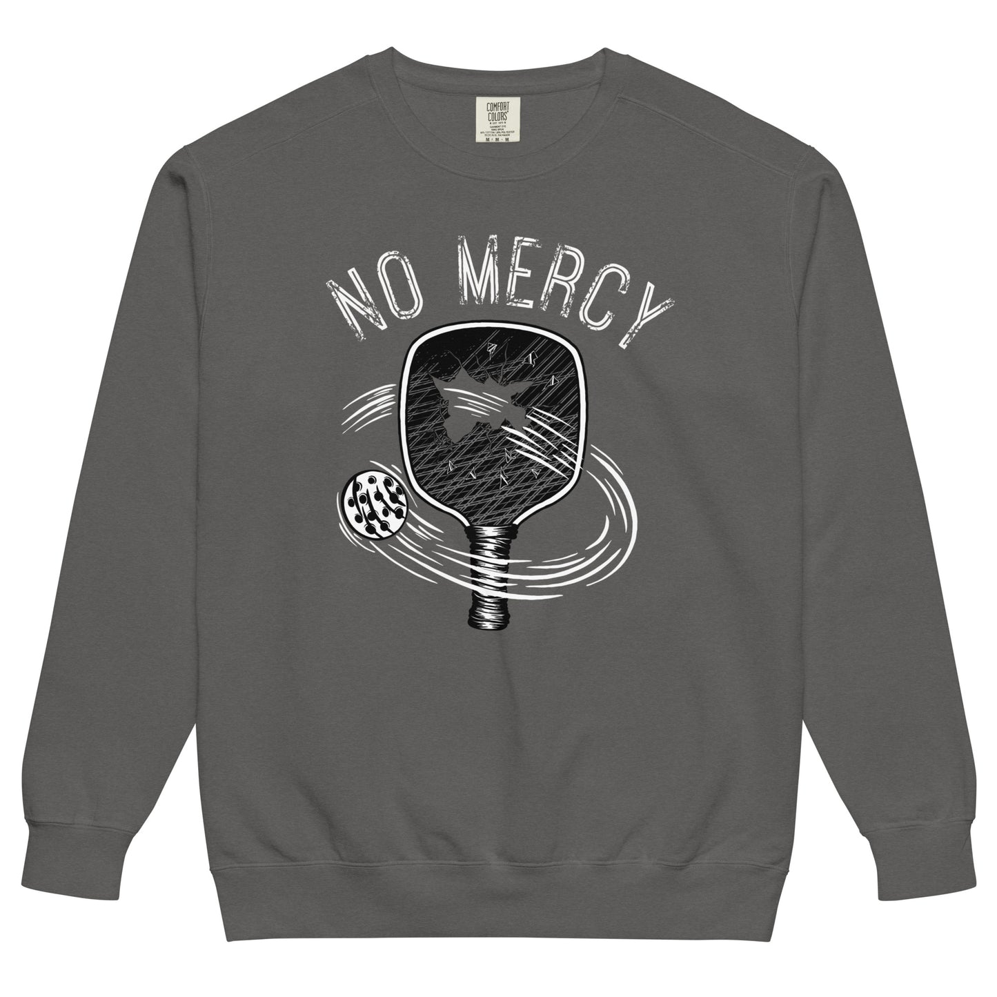 Pickleball No Mercy Series unisex garment-dyed sweatshirt with a vintage-style paddle design.