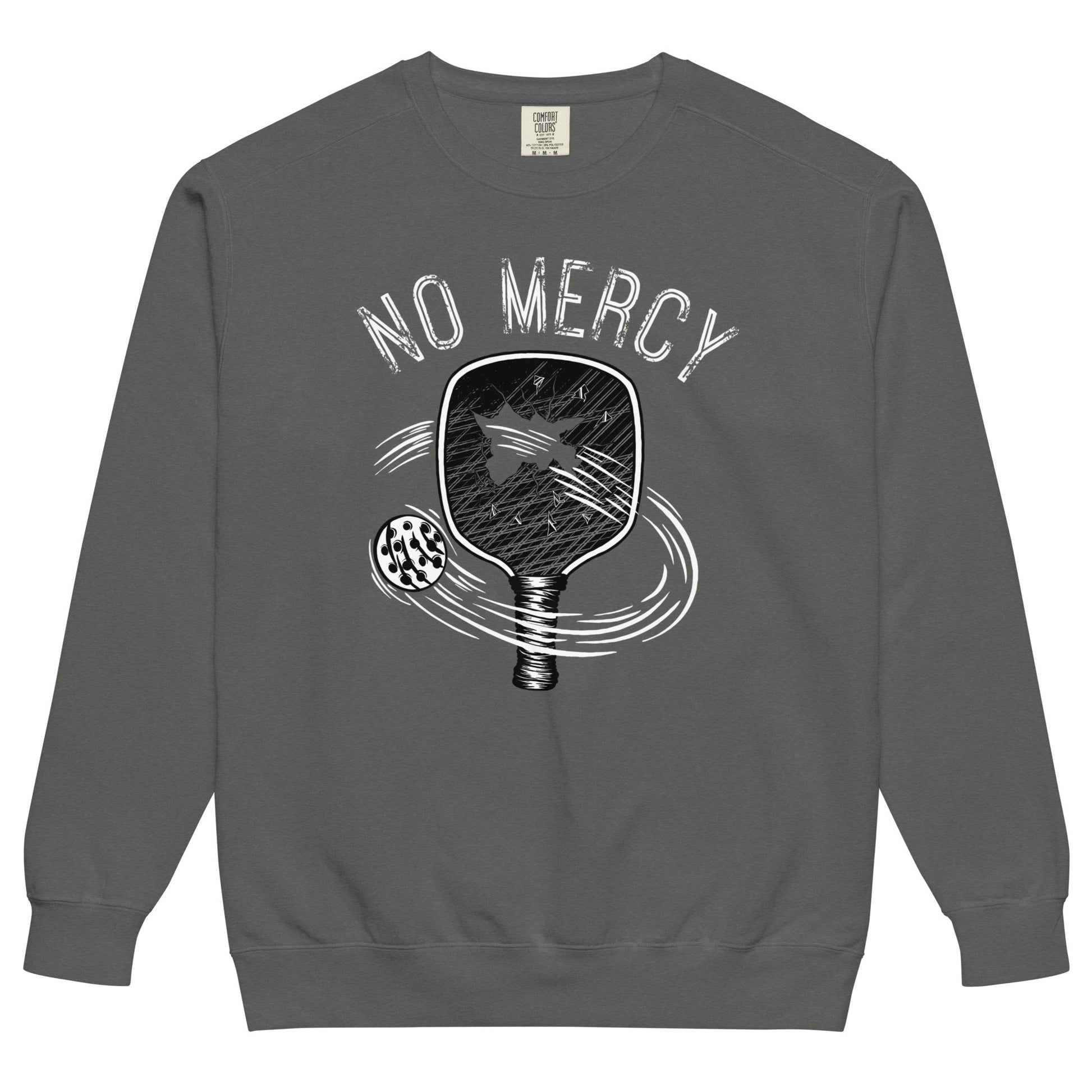 Pickleball No Mercy Series unisex garment-dyed sweatshirt with a vintage-style paddle design.