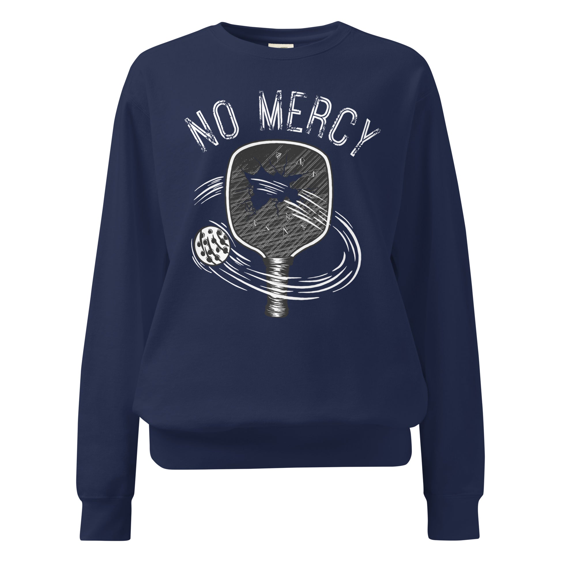 Pickleball No Mercy Series unisex garment-dyed sweatshirt with paddle and ball design.