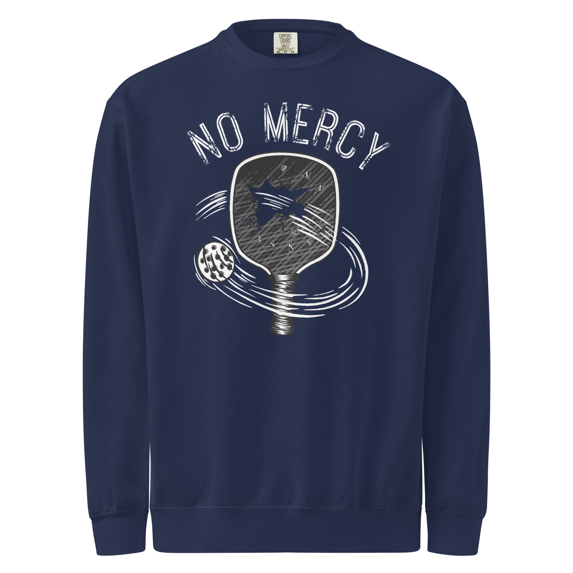 Pickleball No Mercy Series unisex sweatshirt featuring paddle and ball design on dark blue background.