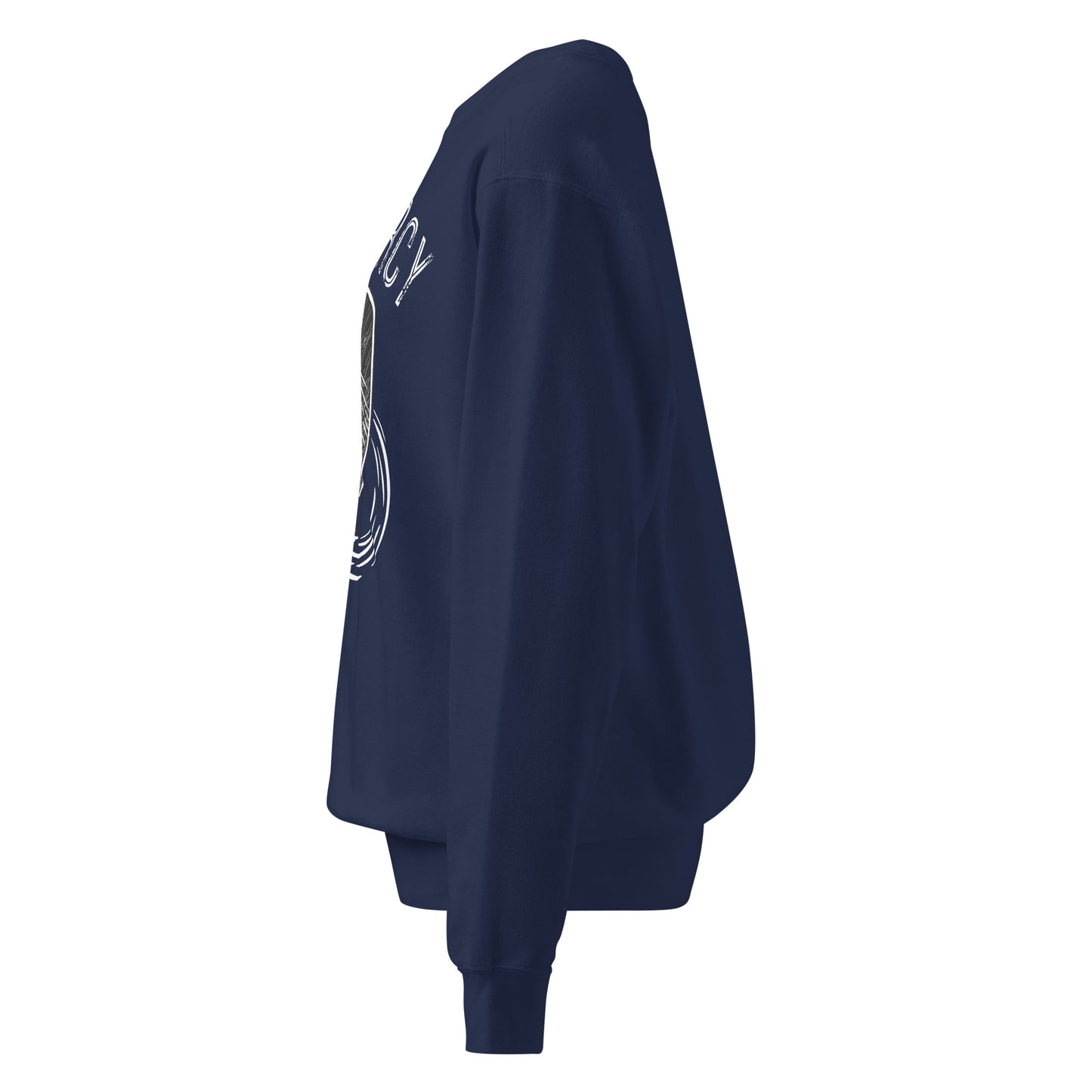 Side view of Pickleball No Mercy Series unisex garment-dyed sweatshirt in navy, perfect for winter chill.