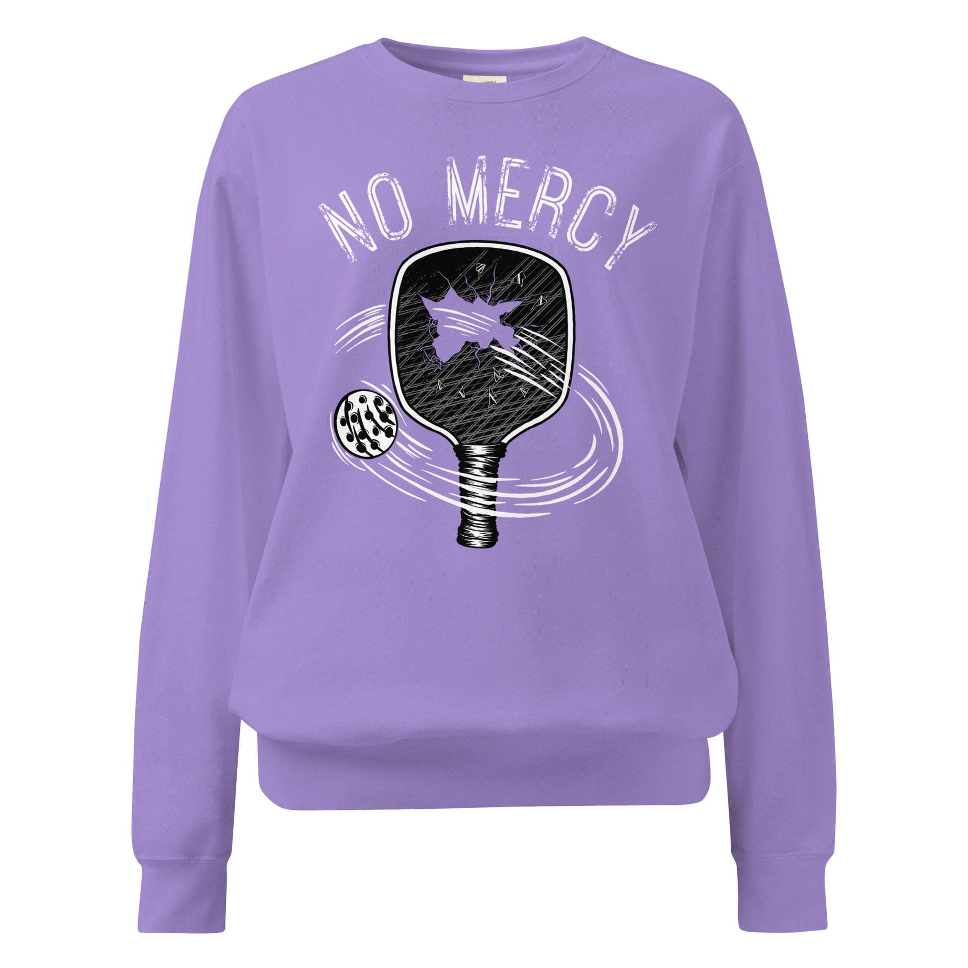 Pickleball No Mercy Series - Unisex Garment-Dyed Sweatshirt in lavender with pickleball paddle graphic.