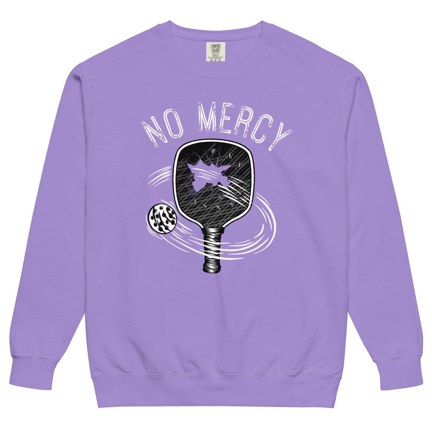 Pickleball No Mercy Series unisex garment-dyed sweatshirt in lavender with paddle and ball design.