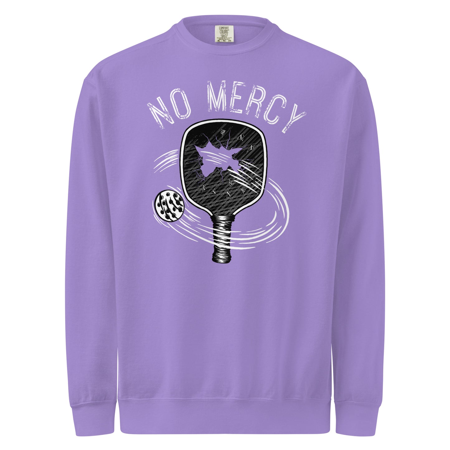 Pickleball No Mercy Series sweatshirt in lavender with graphic design, perfect for pickleball enthusiasts.