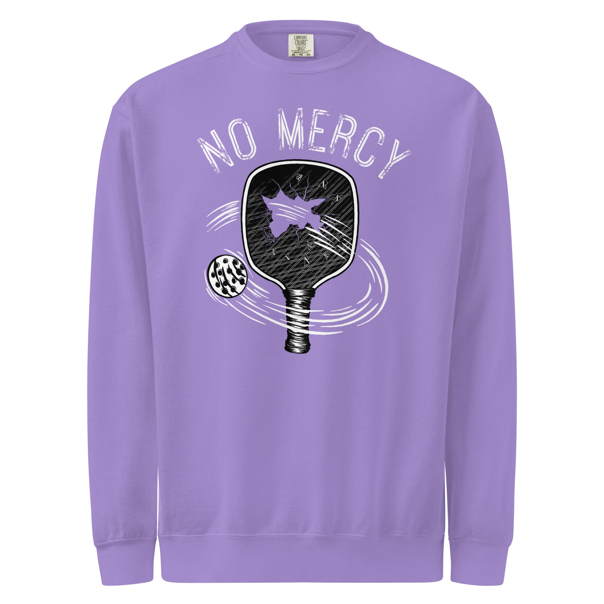 Pickleball No Mercy Series sweatshirt in lavender with graphic design, perfect for pickleball enthusiasts.