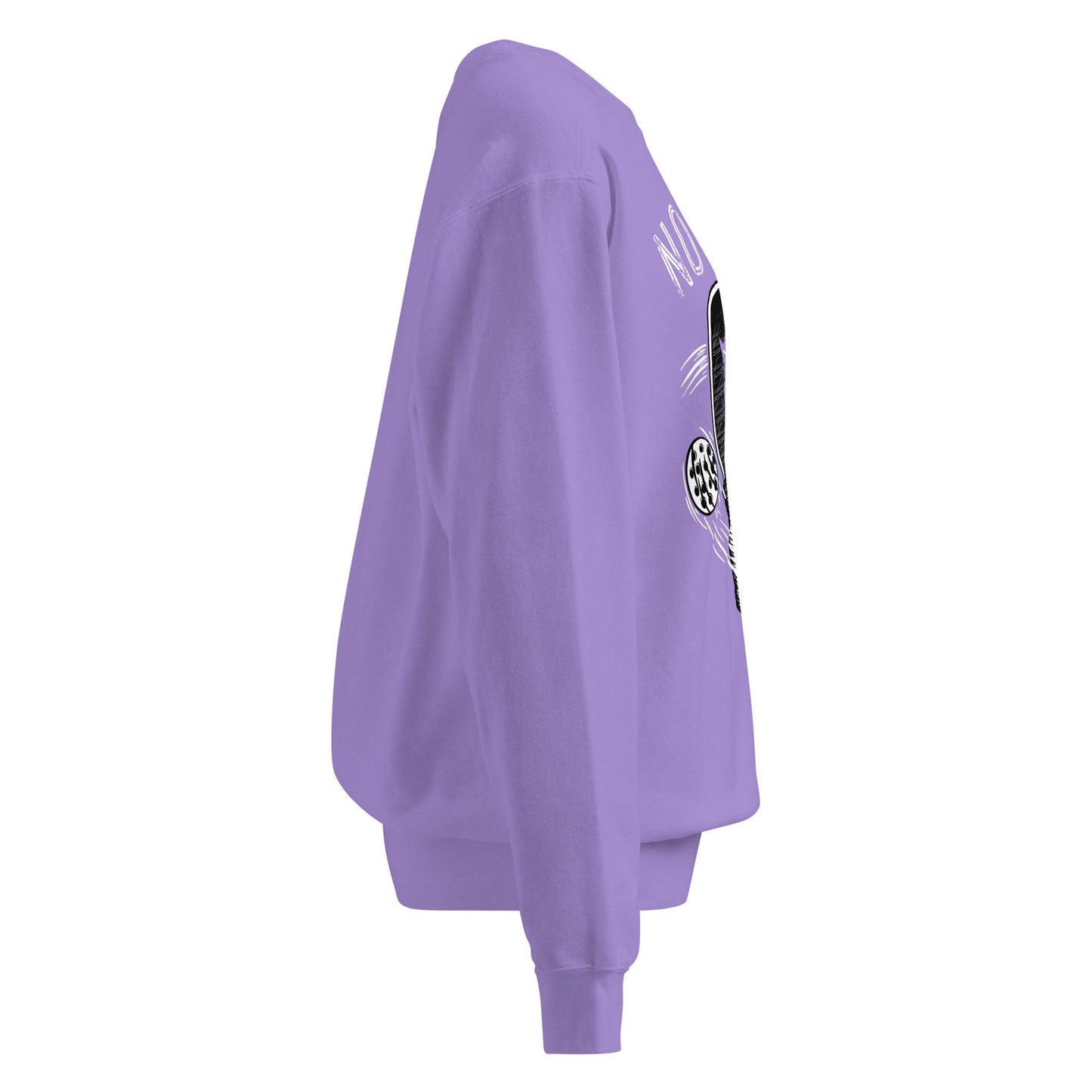 Pickleball No Mercy Series unisex garment-dyed sweatshirt in lavender, showcasing a side view with vintage-style design.