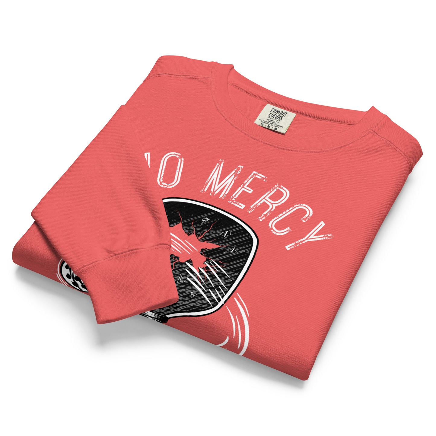 Pickleball No Mercy Series unisex garment-dyed sweatshirt in coral color, perfect for comfort and style.