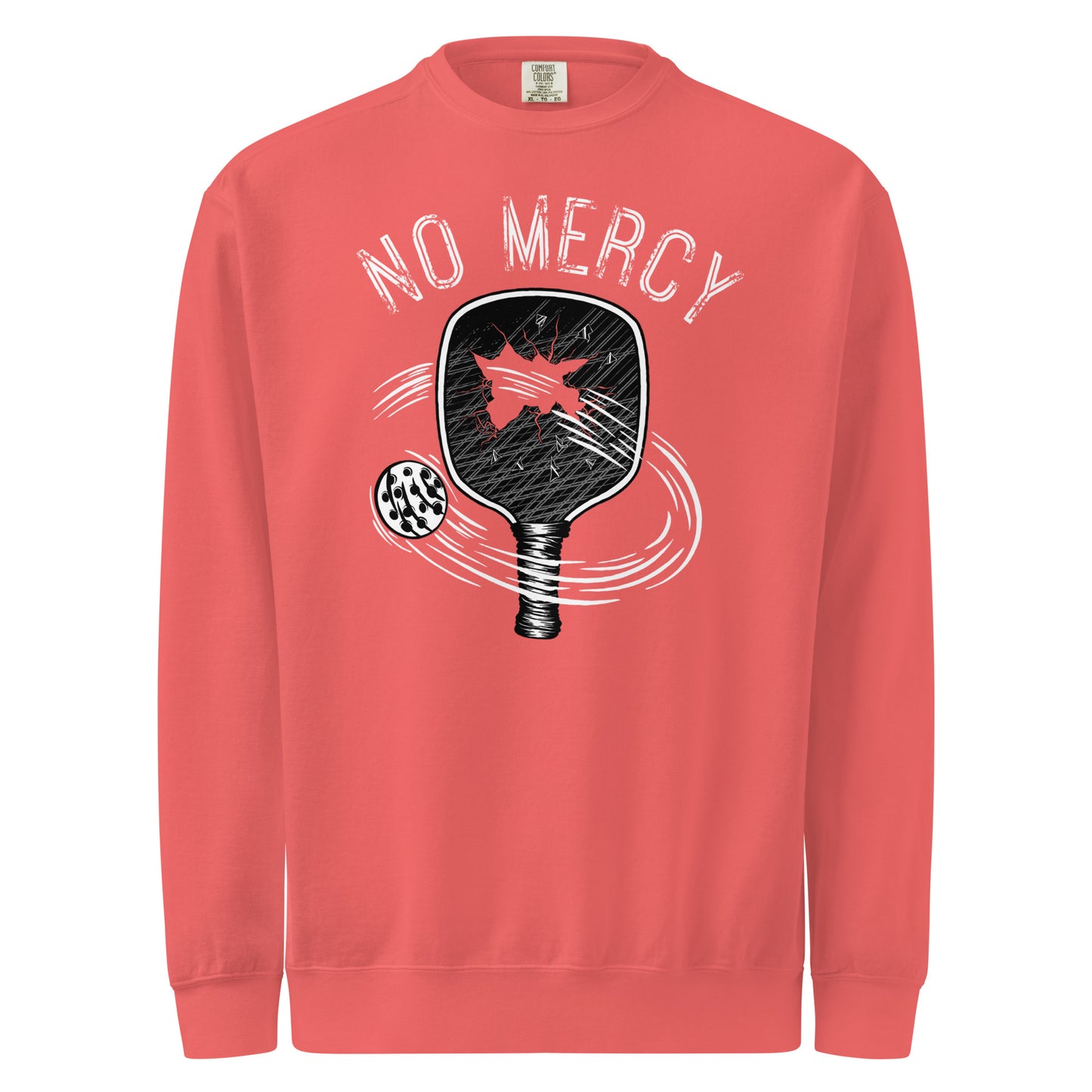 Pickleball No Mercy Series unisex sweatshirt in coral with paddle and ball graphic.