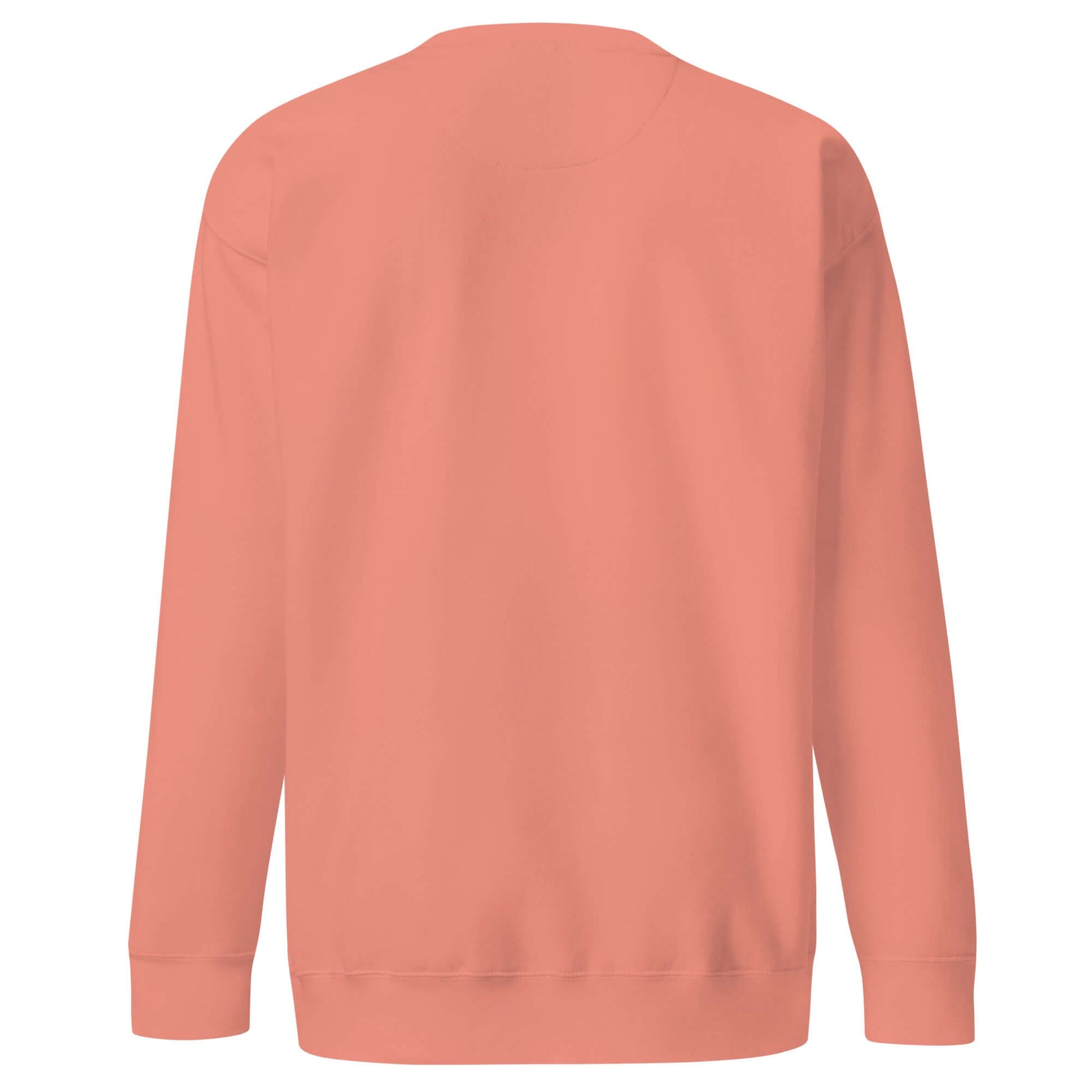 Back view of Women's Peace, Love, Pickleball Premium Sweatshirt in coral color, showcasing cozy and casual style.