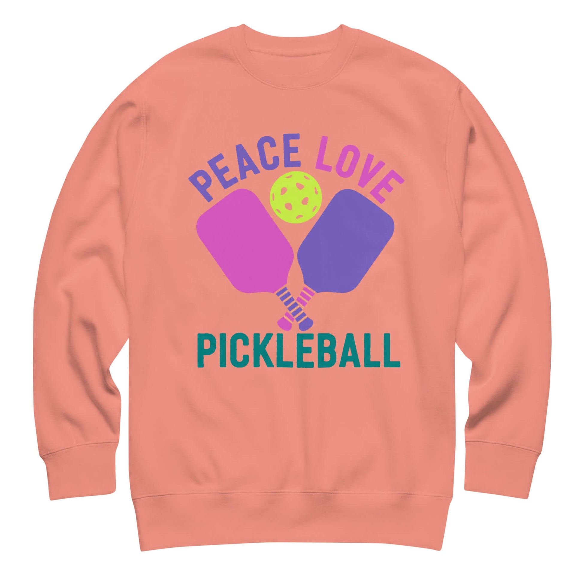 Women's Peace, Love, Pickleball premium sweatshirt in coral with colorful pickleball paddles and ball design.