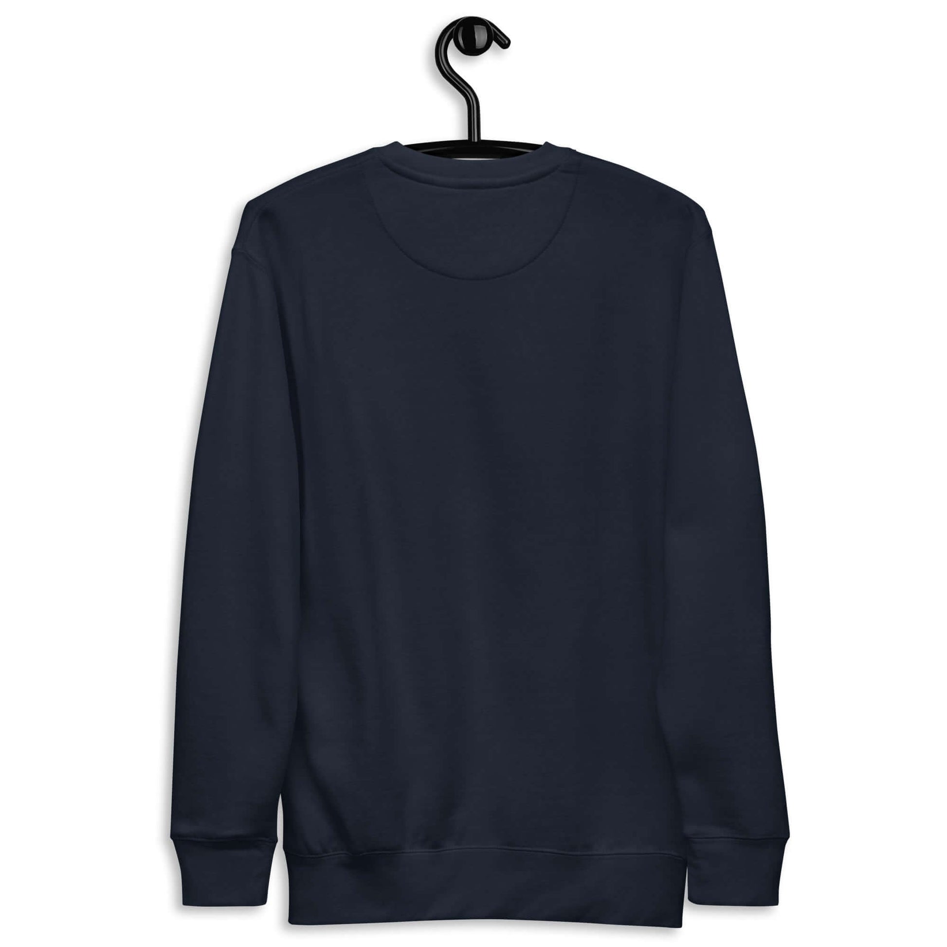 Back view of a dark navy premium sweatshirt on a hanger, perfect for women who love pickleball.