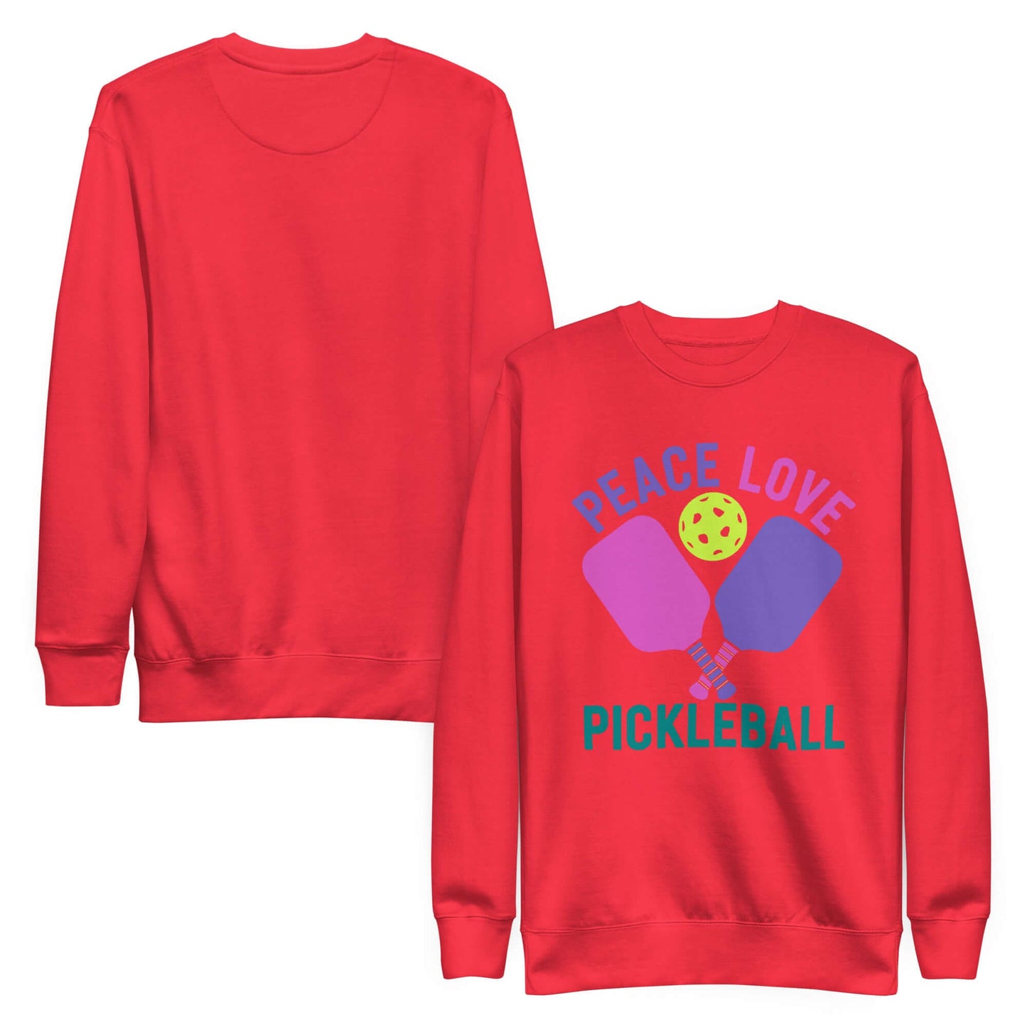 Red women's sweatshirt featuring 'Peace Love Pickleball' graphic, perfect for pickleball enthusiasts.