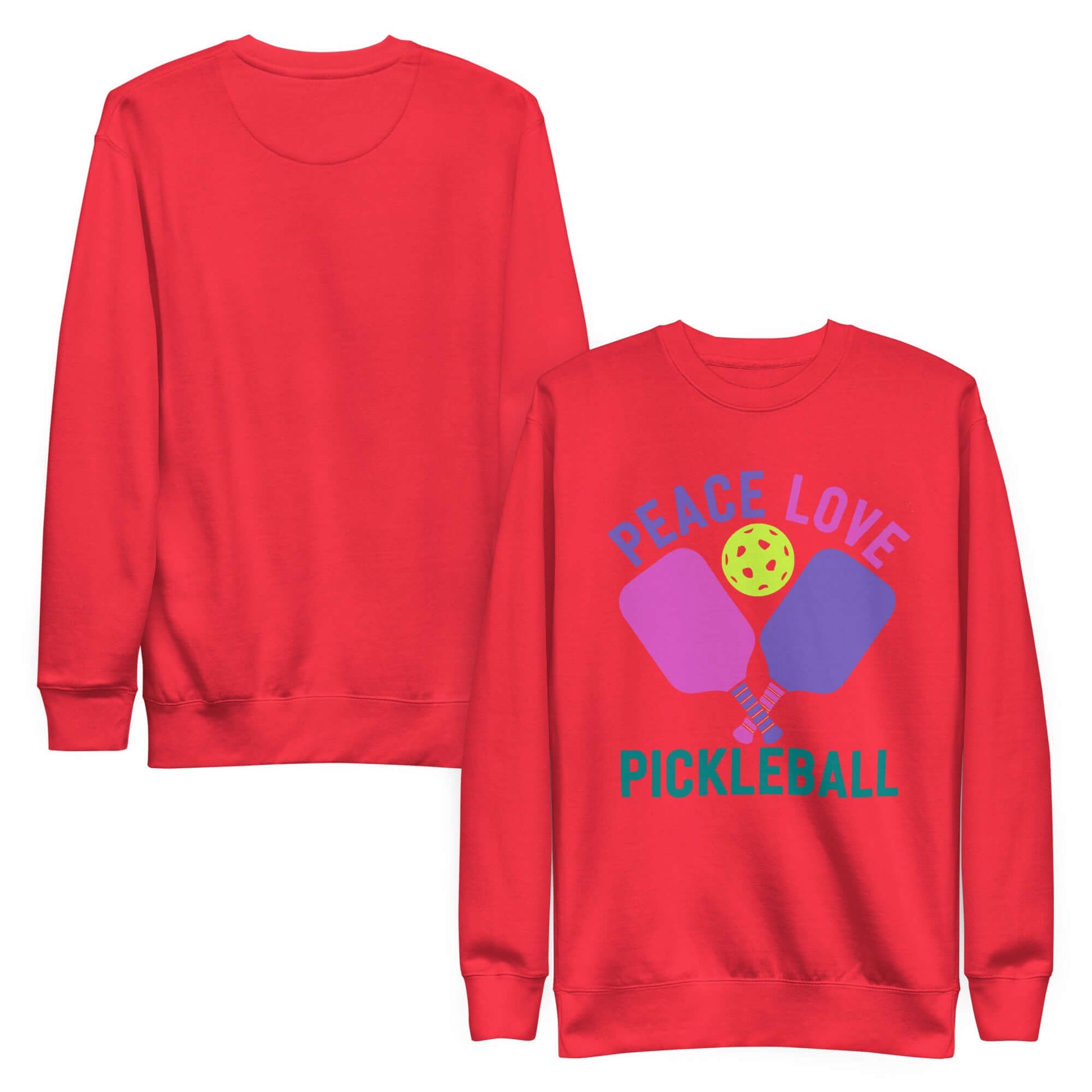 Red women's sweatshirt featuring 'Peace Love Pickleball' graphic, perfect for pickleball enthusiasts.