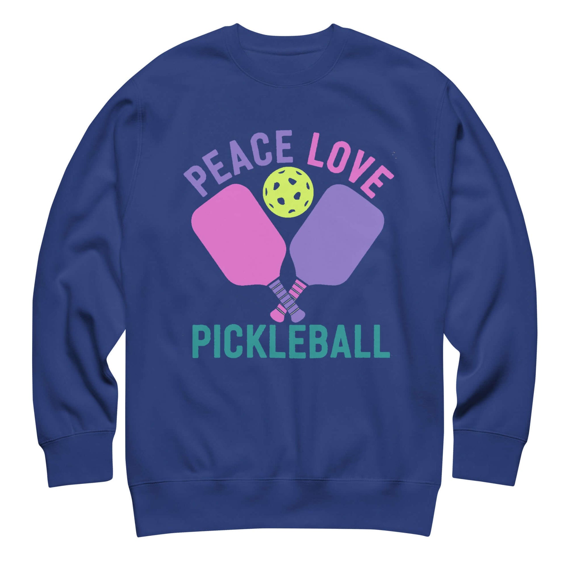 Women's navy sweatshirt featuring 'Peace Love Pickleball' with paddles and a ball design.
