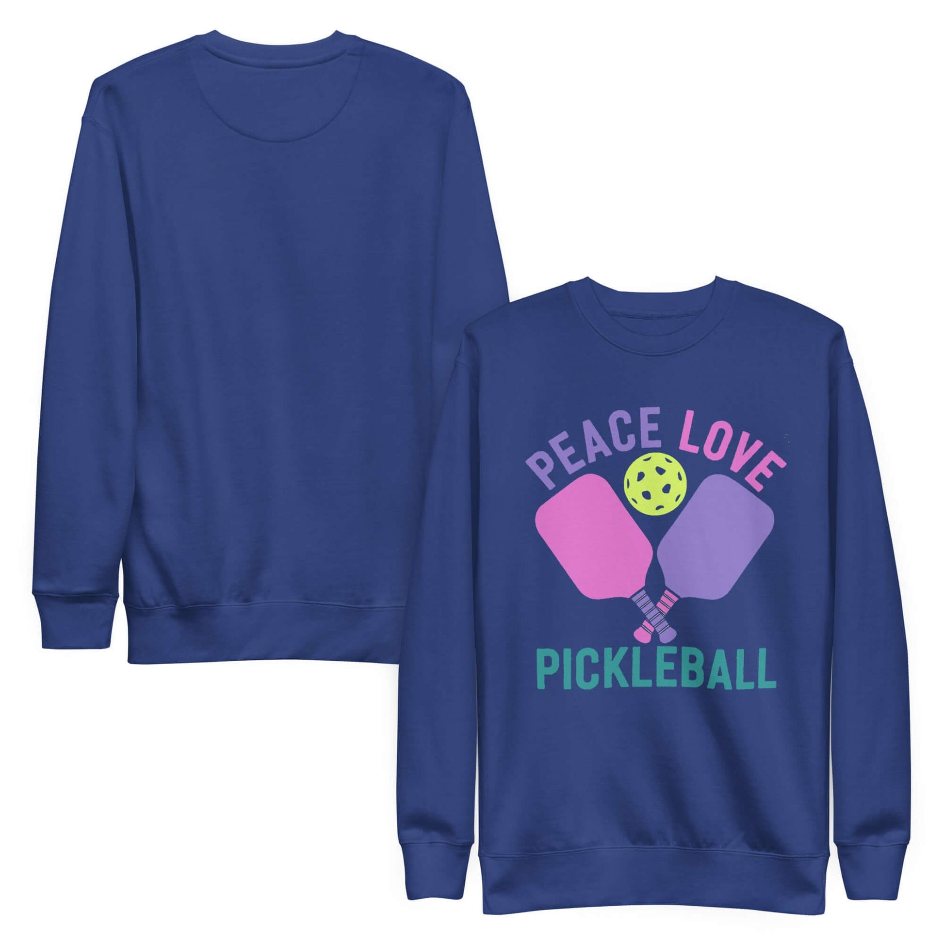 Women's blue sweatshirt featuring 'Peace Love Pickleball' graphic design, perfect for pickleball enthusiasts.