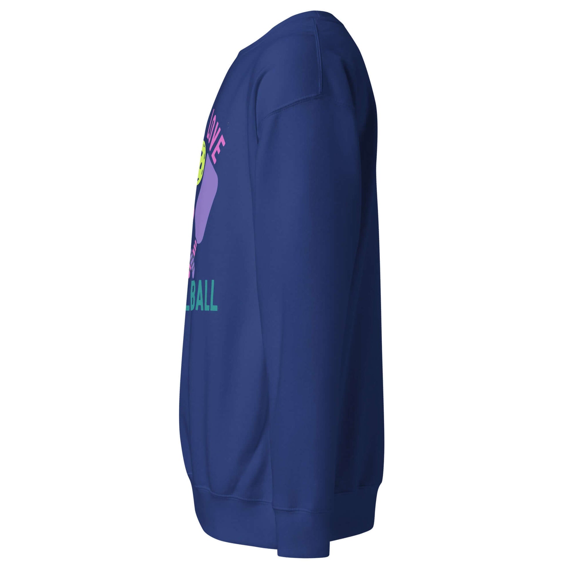 Side view of Women’s Peace, Love, Pickleball Premium Sweatshirt in navy, showcasing its comfortable design and vibrant graphics.