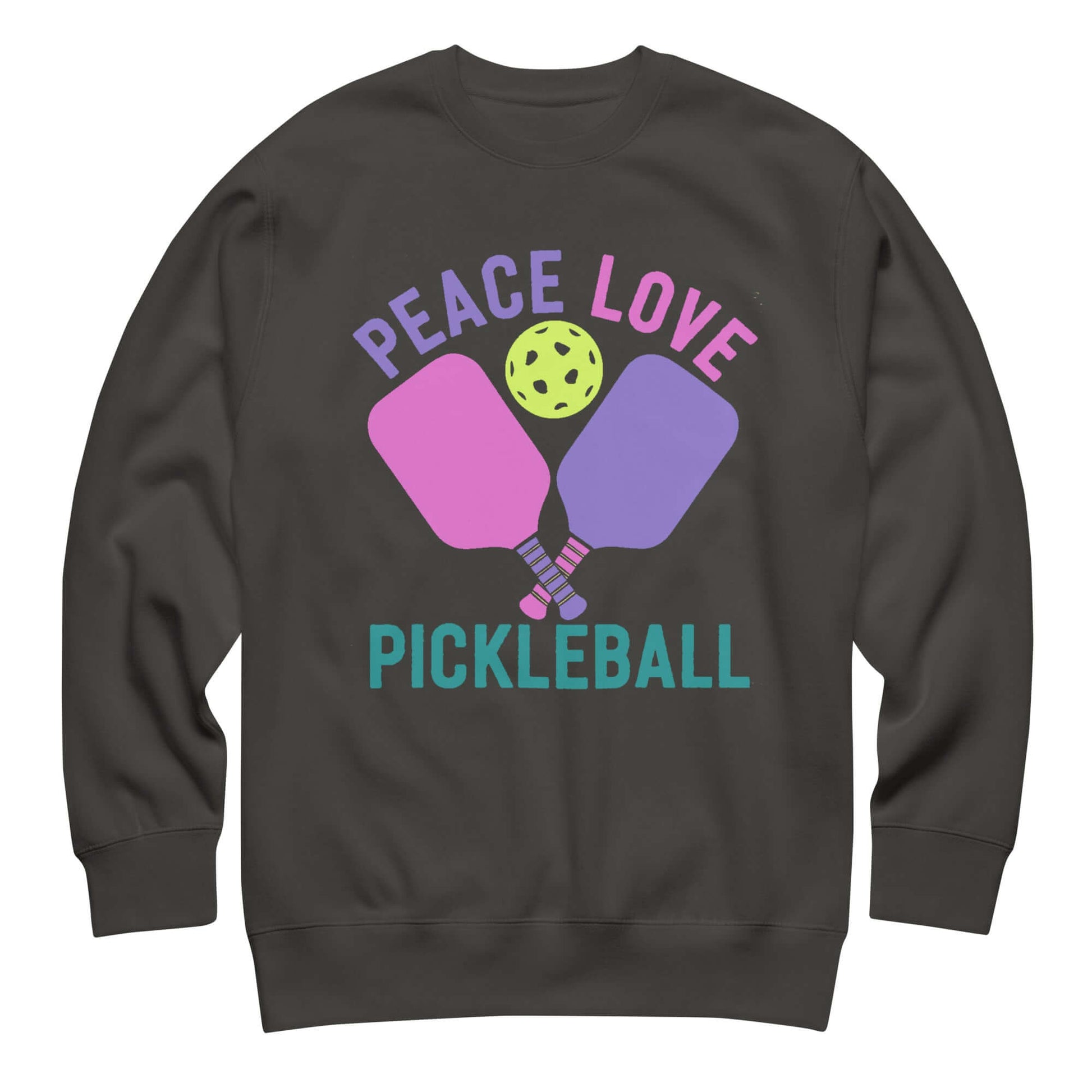 Women's Premium Sweatshirt featuring Peace Love Pickleball design, perfect for pickleball enthusiasts and casual wear.