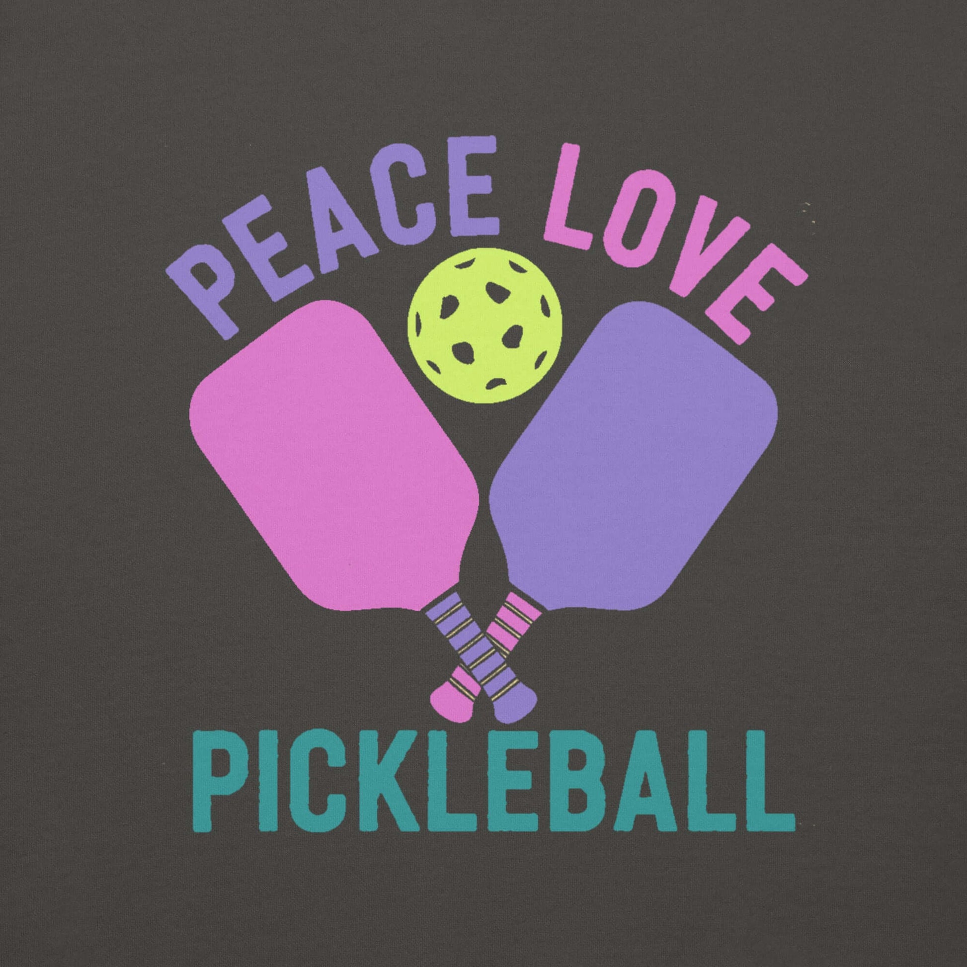Colorful design featuring pickleball paddles, a ball, and the text 'Peace Love Pickleball' for enthusiastic players.