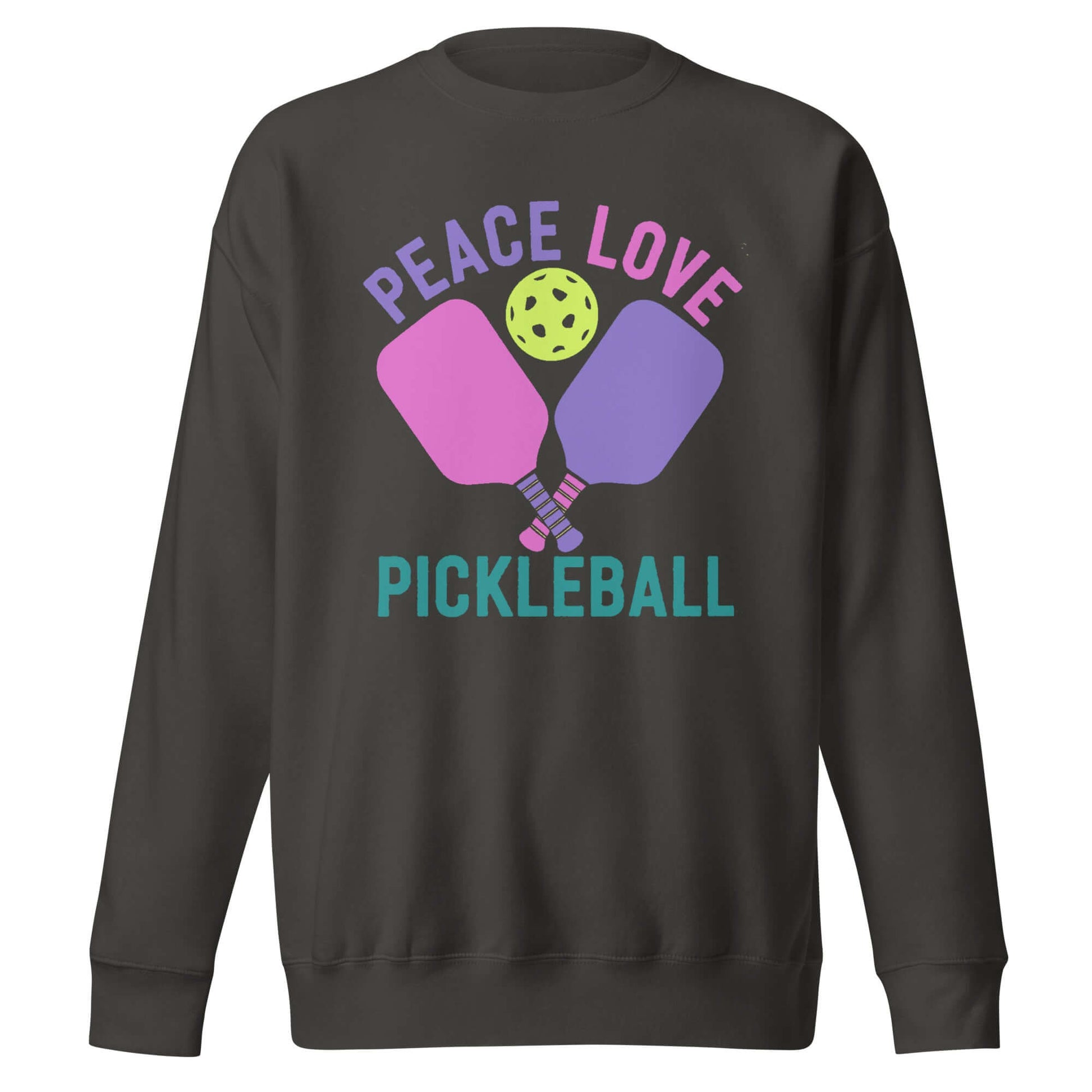 Women's dark green sweatshirt featuring 'Peace Love Pickleball' graphic design with paddles and a pickleball.