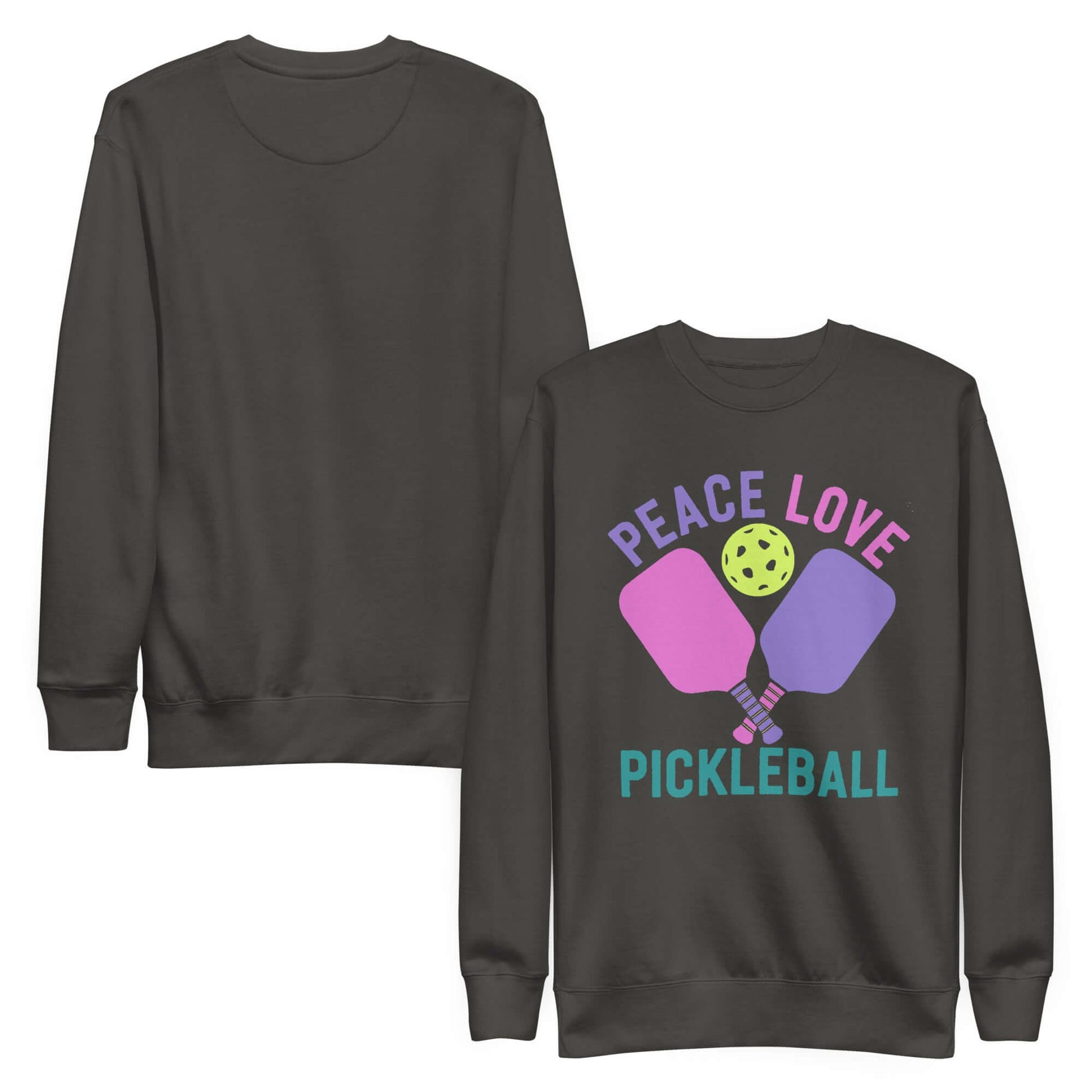 Women's Premium Sweatshirt featuring 'Peace Love Pickleball' design, perfect for casual wear and pickleball enthusiasts.