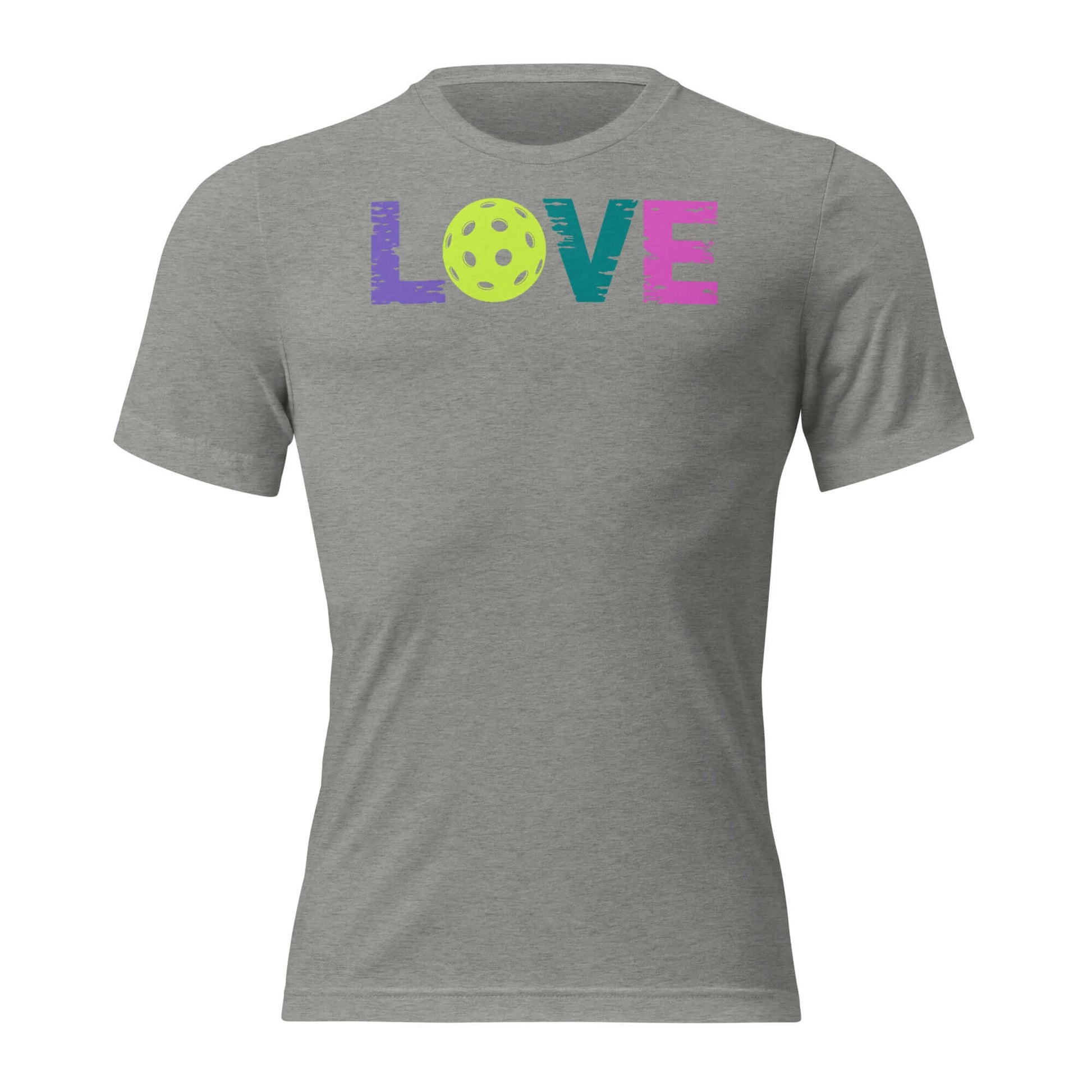 Women’s LOVE Pickleball Short Sleeve Shirt in gray with colorful 'LOVE' graphic and pickleball design.