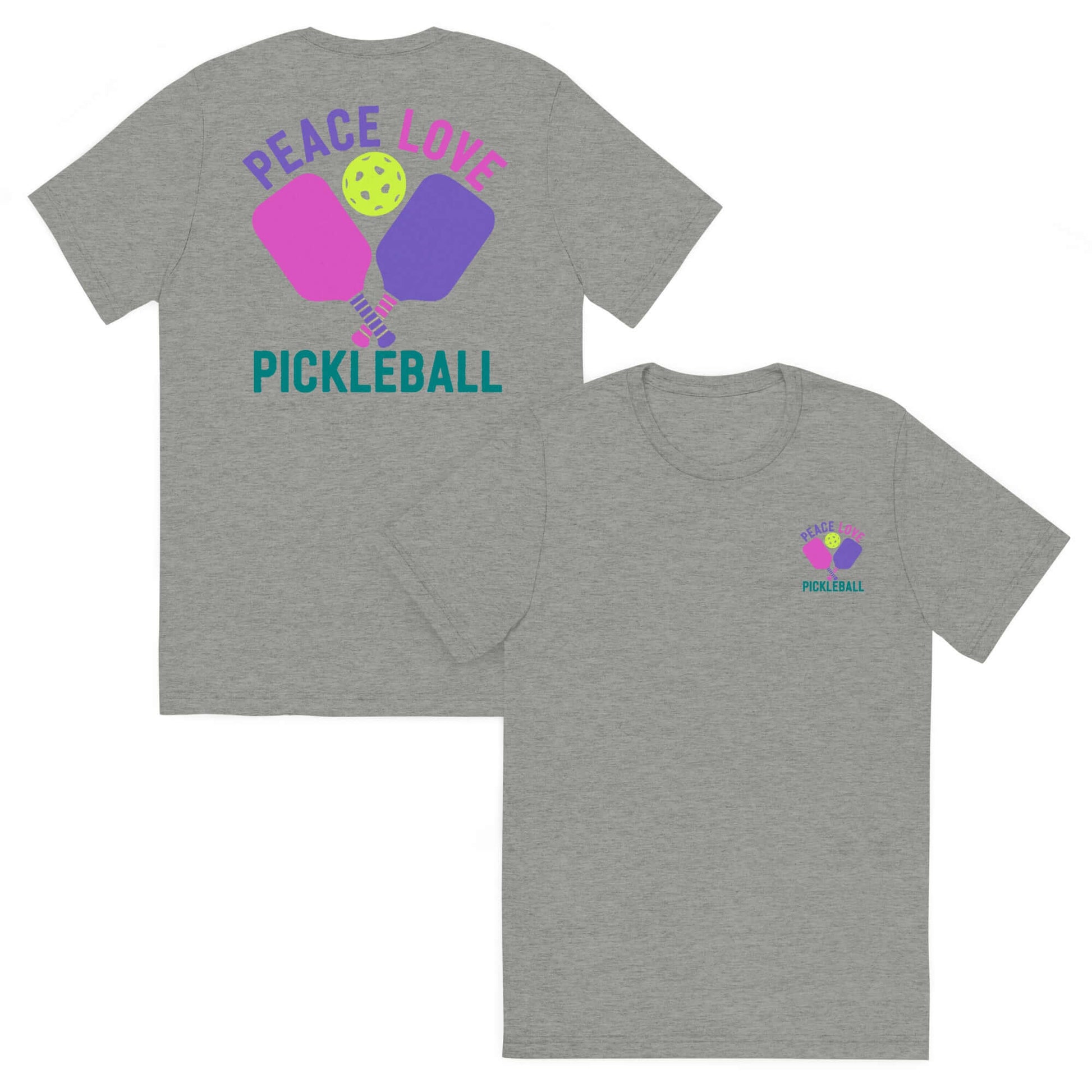 Women's gray short sleeve t-shirt featuring 'Peace Love Pickleball' graphic design.