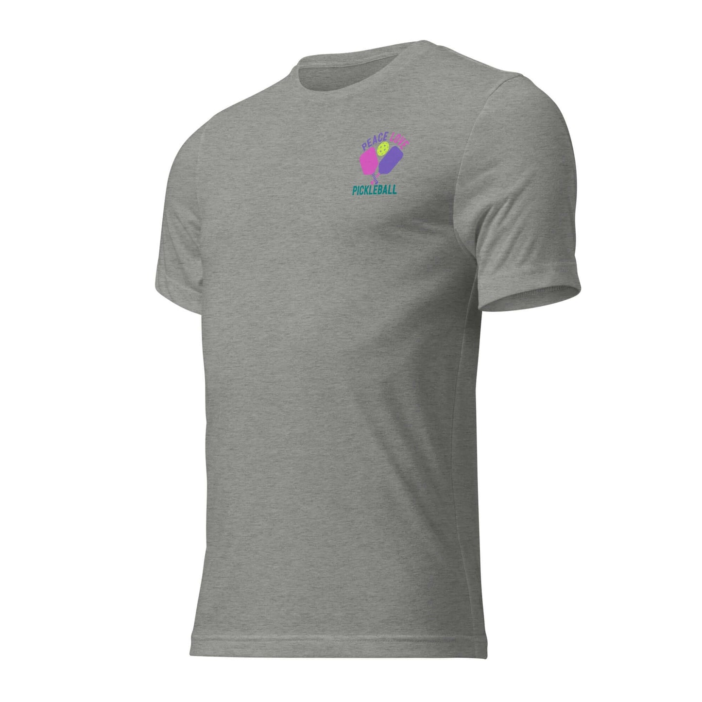 Women's Peace, Love, Pickleball Short Sleeve T-Shirt in grey, perfect for pickleball enthusiasts and casual wear.