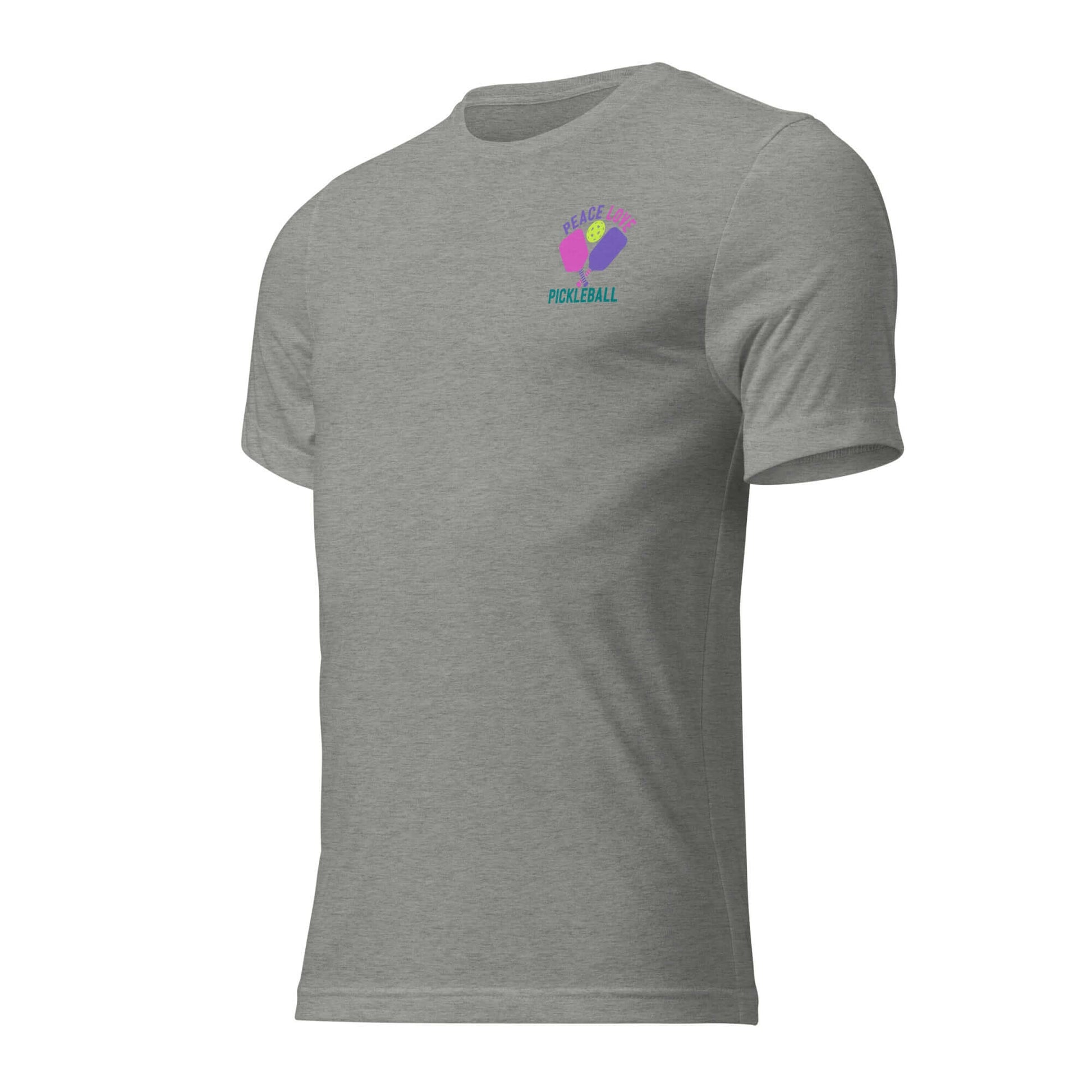 Women's Peace, Love, Pickleball Short Sleeve T-Shirt in grey, perfect for pickleball enthusiasts and casual wear.