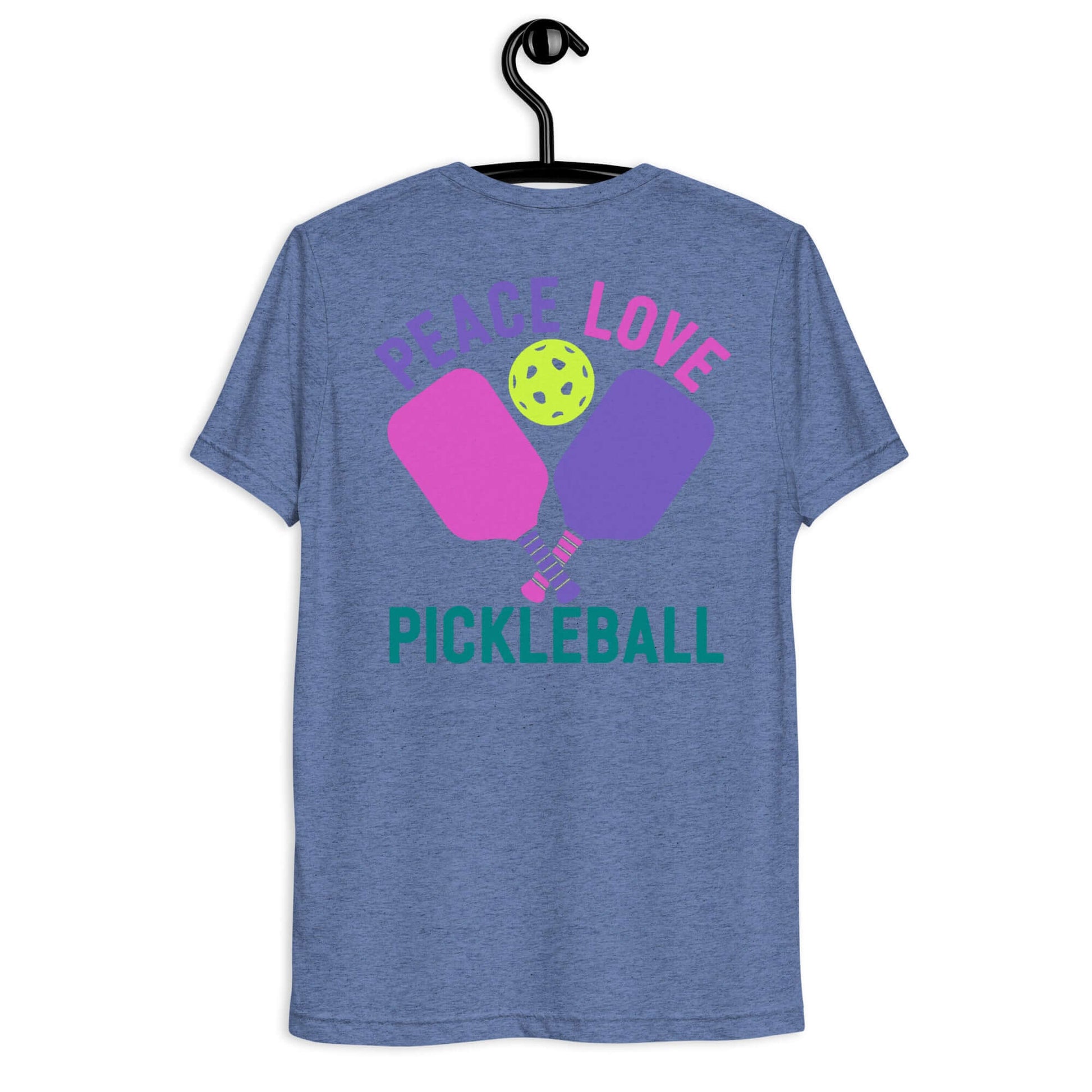 Women's Peace, Love, Pickleball Short Sleeve T-Shirt featuring colorful paddles and ball design.