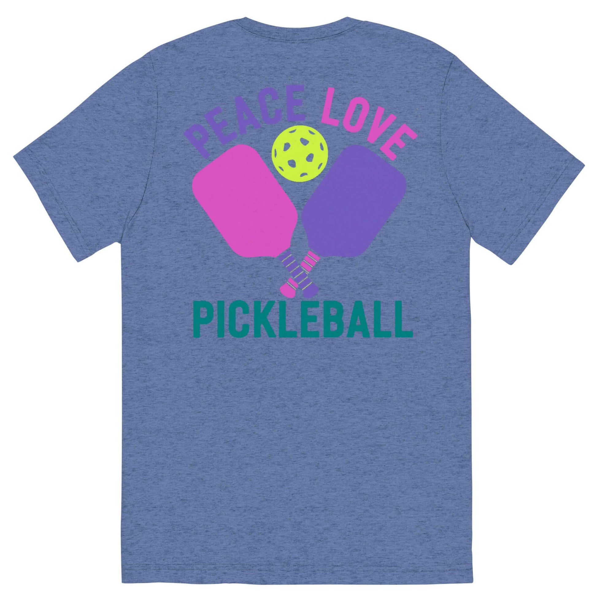 Back view of Women's Peace, Love, Pickleball Short Sleeve T-Shirt featuring vibrant graphics and a pickleball design.