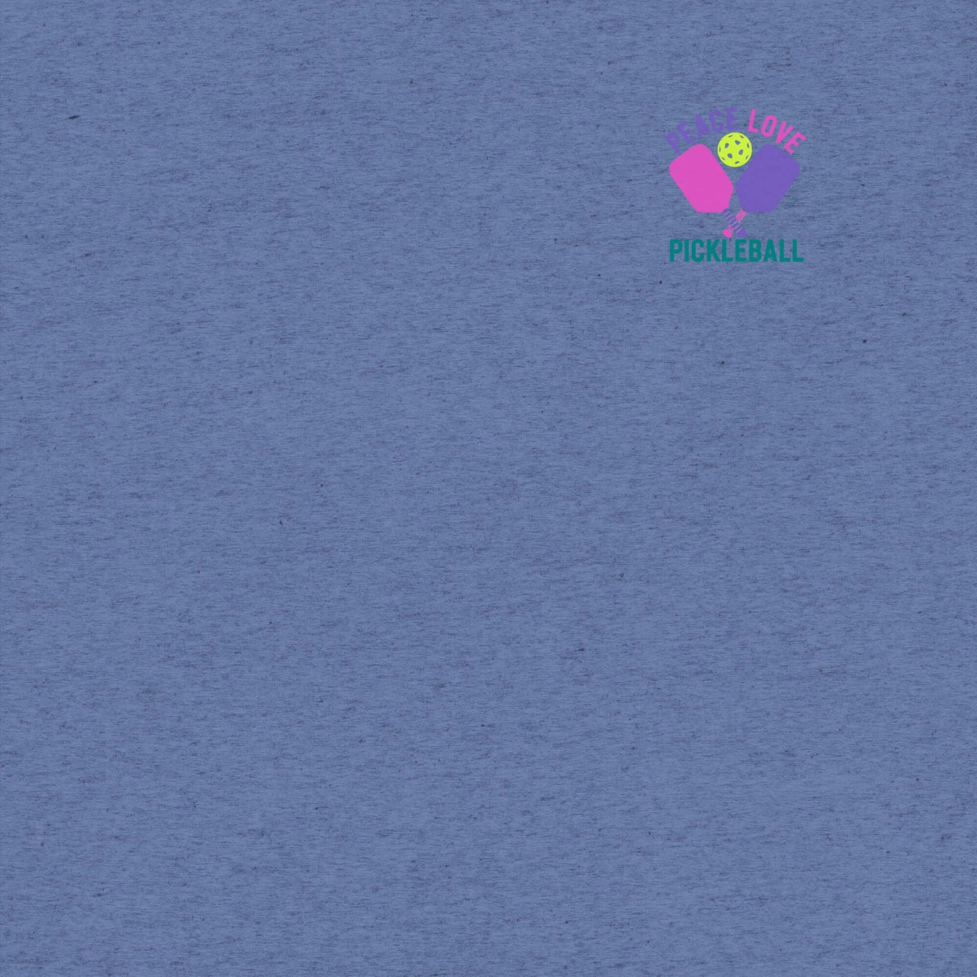 Women's Peace, Love, Pickleball Short Sleeve T-Shirt in blue with colorful logo design.