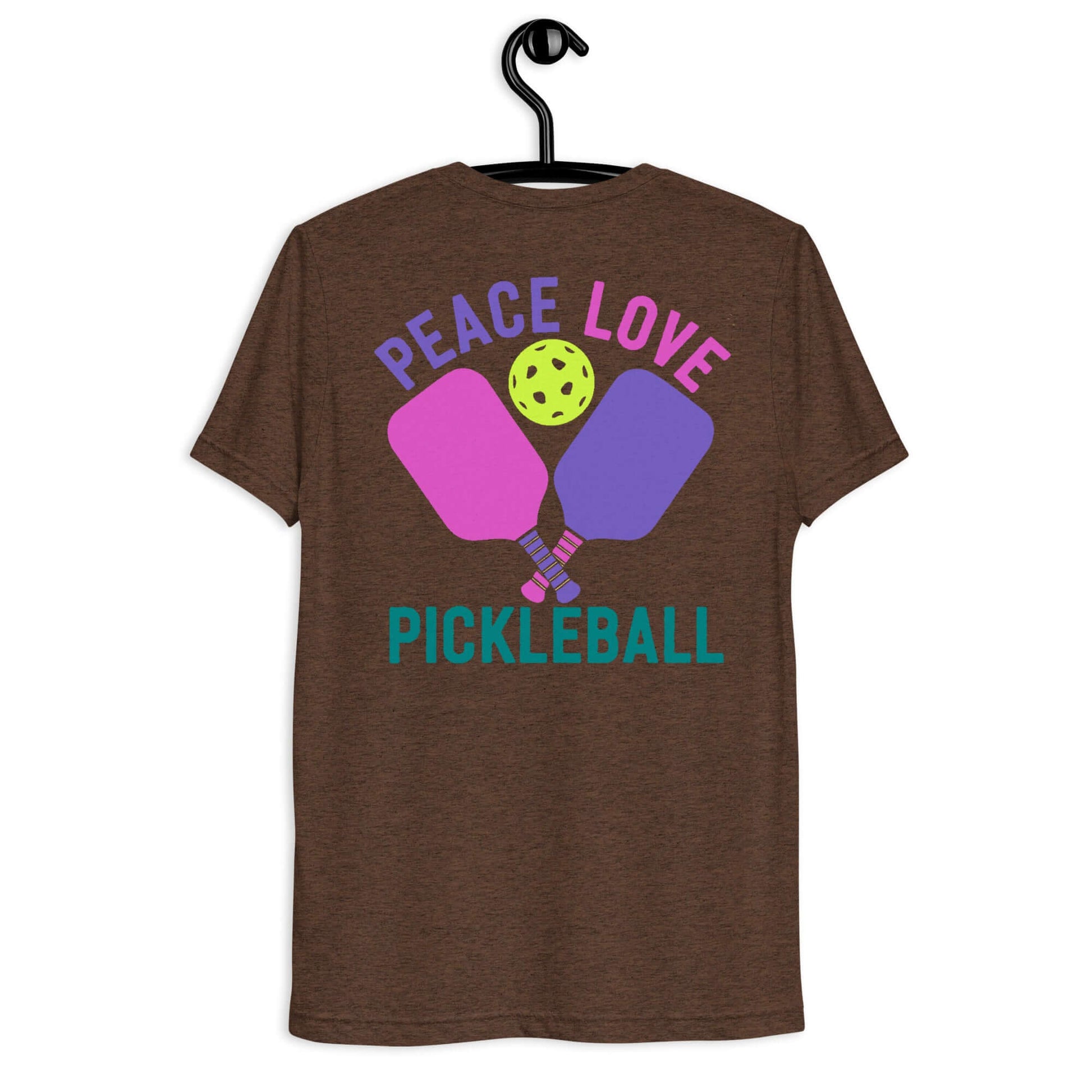 Back view of Women's Peace Love Pickleball T-Shirt featuring colorful paddles and a pickleball design.
