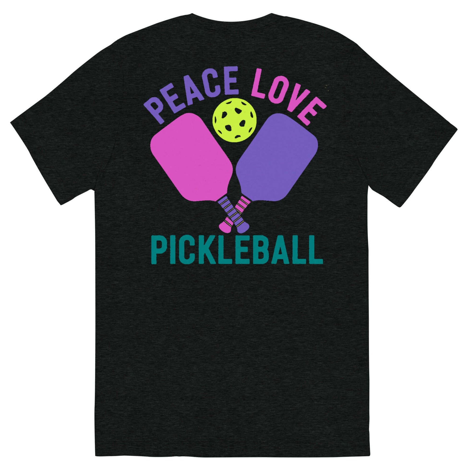 Back view of Women's Peace, Love, Pickleball T-shirt featuring paddles and pickleball graphic.