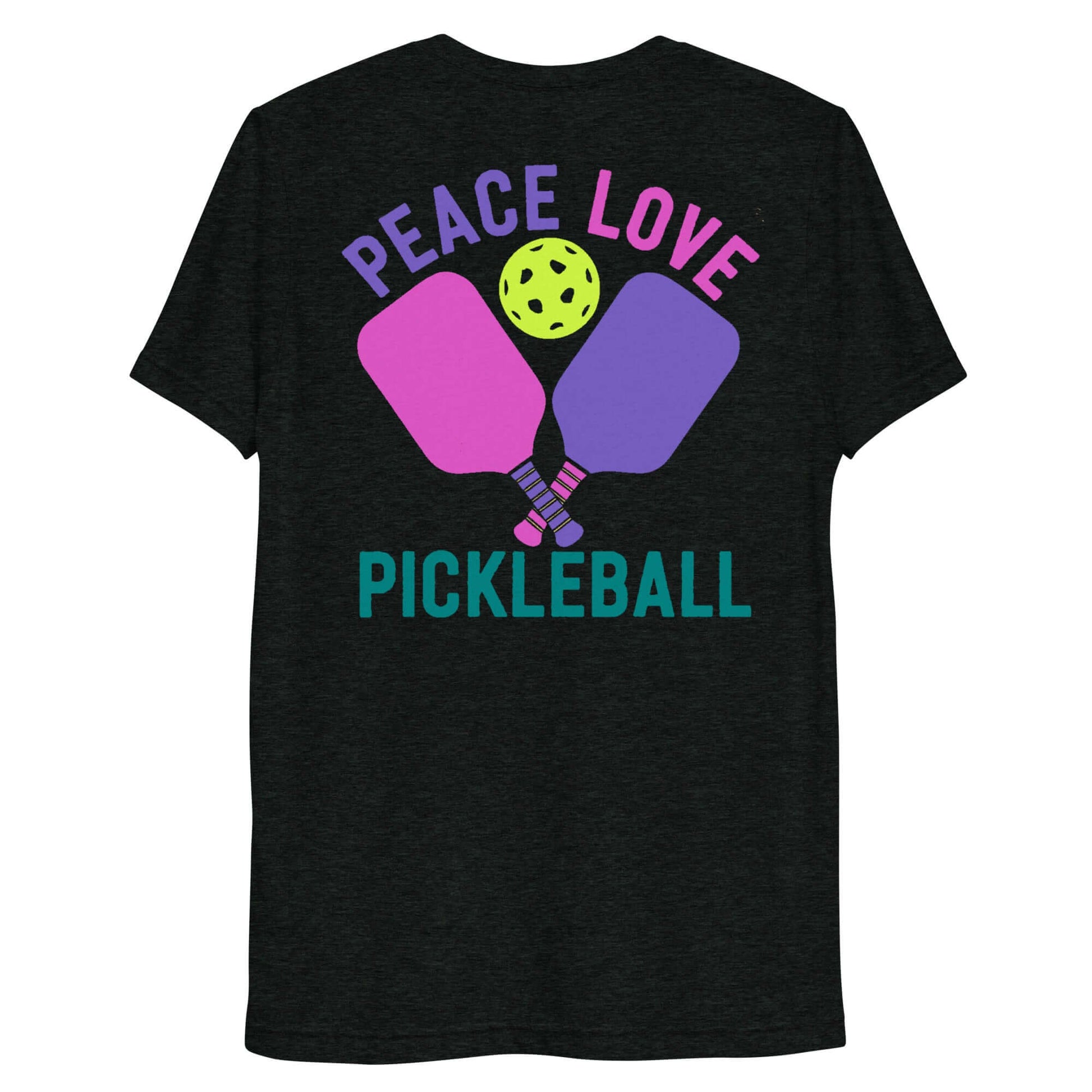 Women's Peace Love Pickleball T-Shirt featuring colorful paddles and a pickleball graphic.