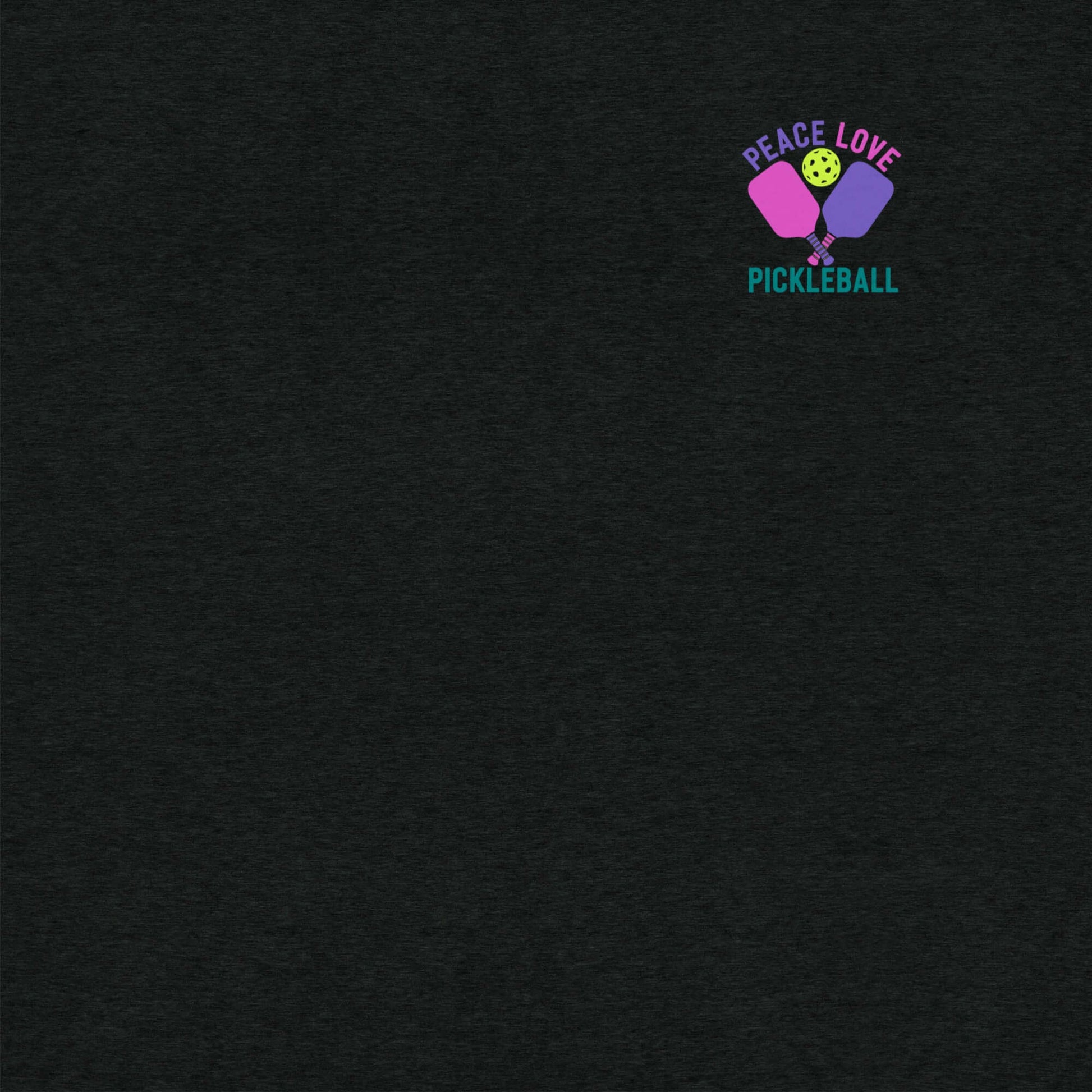 Women's Peace Love Pickleball Short Sleeve T-Shirt with colorful graphic logo on dark fabric.