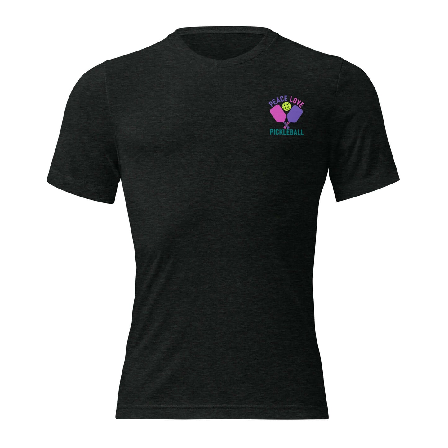 Women's black short sleeve t-shirt featuring 'Peace Love Pickleball' graphic design.