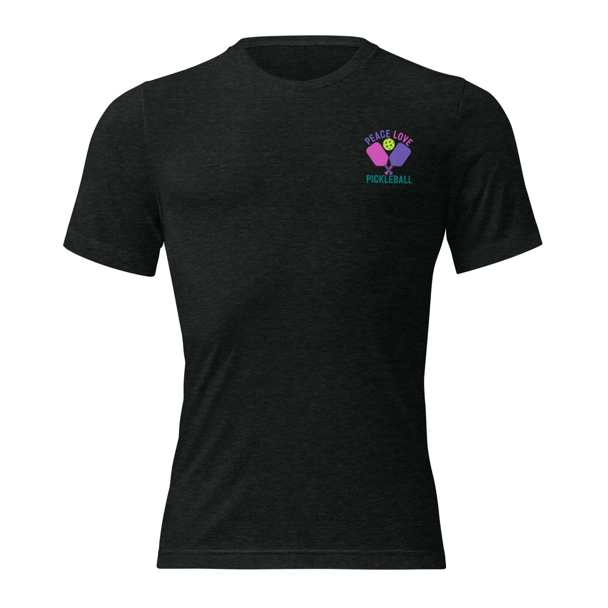Women's black short sleeve t-shirt featuring 'Peace Love Pickleball' graphic design.