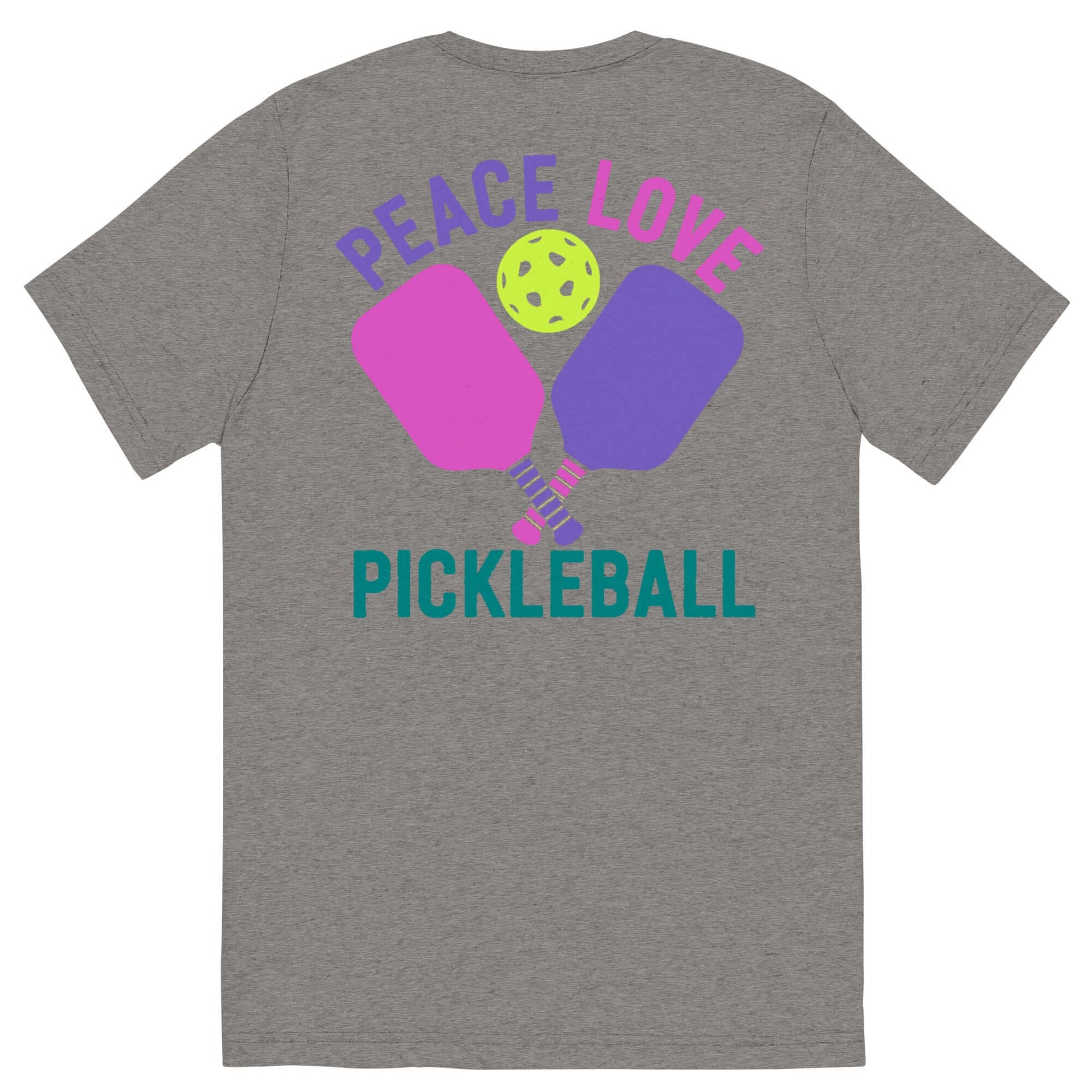 Women's gray t-shirt featuring pickleball paddles and the phrase 'Peace Love Pickleball' on the back.